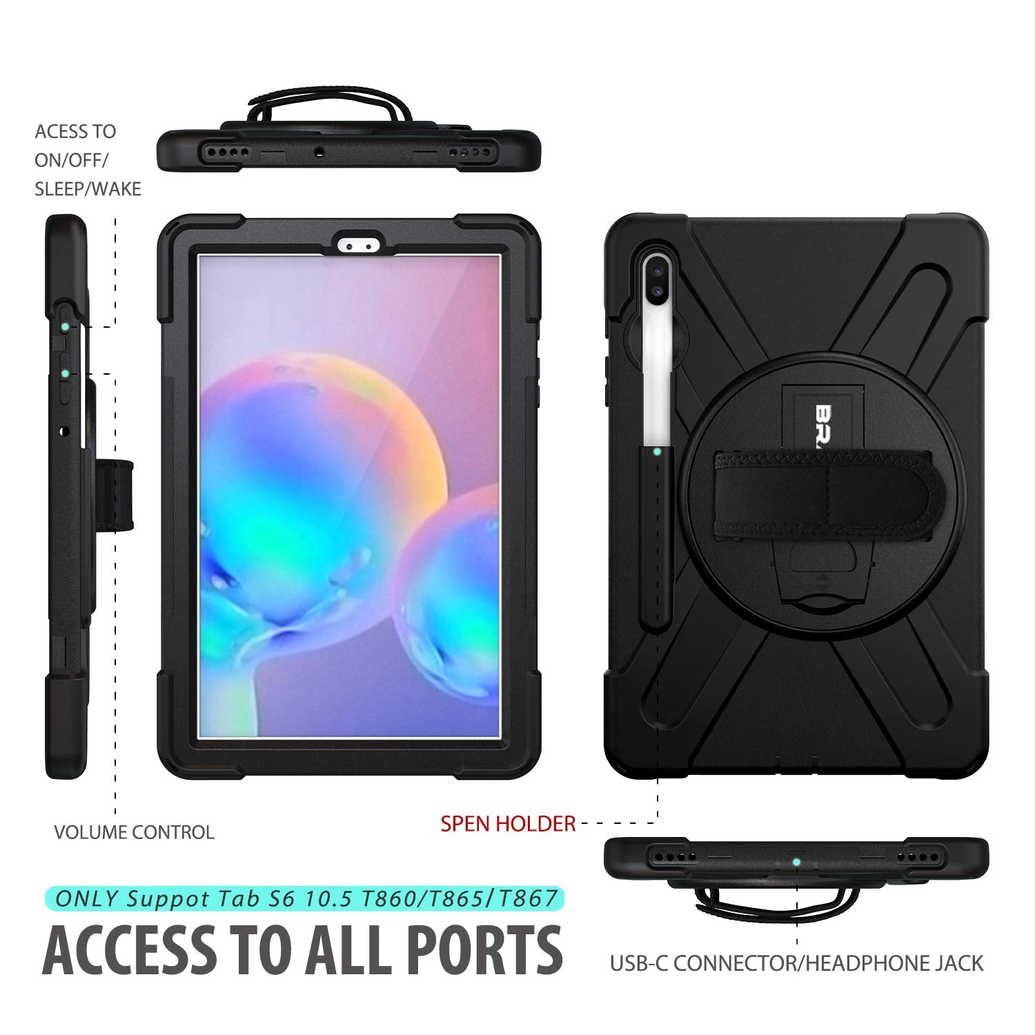 Braecn For Galaxy Tab S6 Case,[Support S Pen Wireless Charging] Heavy Duty Shockproof Case With Pen Holder,Hand Strap,Shoulder S