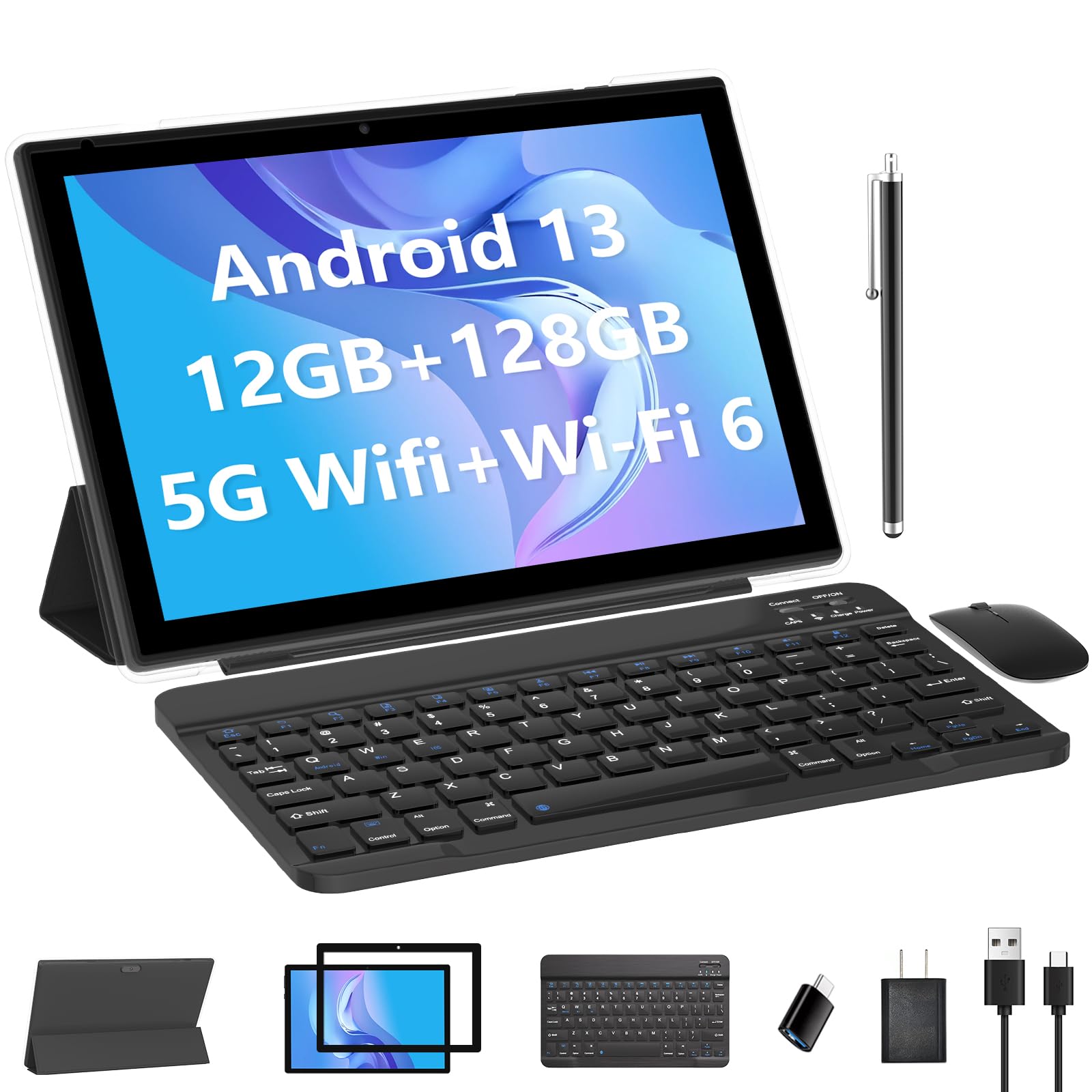 Tablet With Keyboard Android 13 Tablets 2 In 1 Tablet 12Gb+128Gb, 10 Inch Tablets Set Include Case Mouse Stylus Pen Screen Film