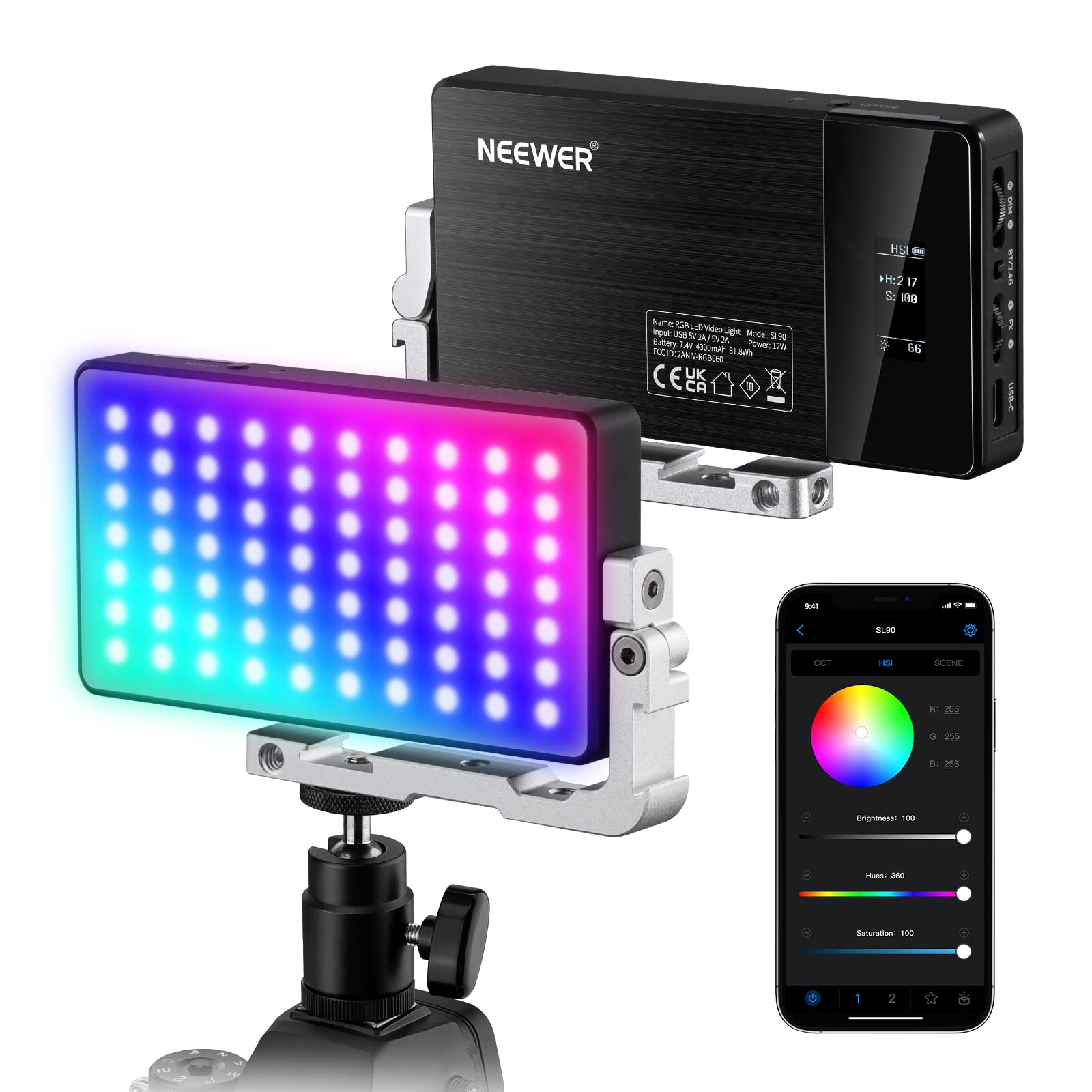 NEEWER RGB Video Light, 2500-10000K CRI97+ On Camera Selfie Light with App & 2.4G Control, 18 Light Scenes, 4300mAh Battery for 