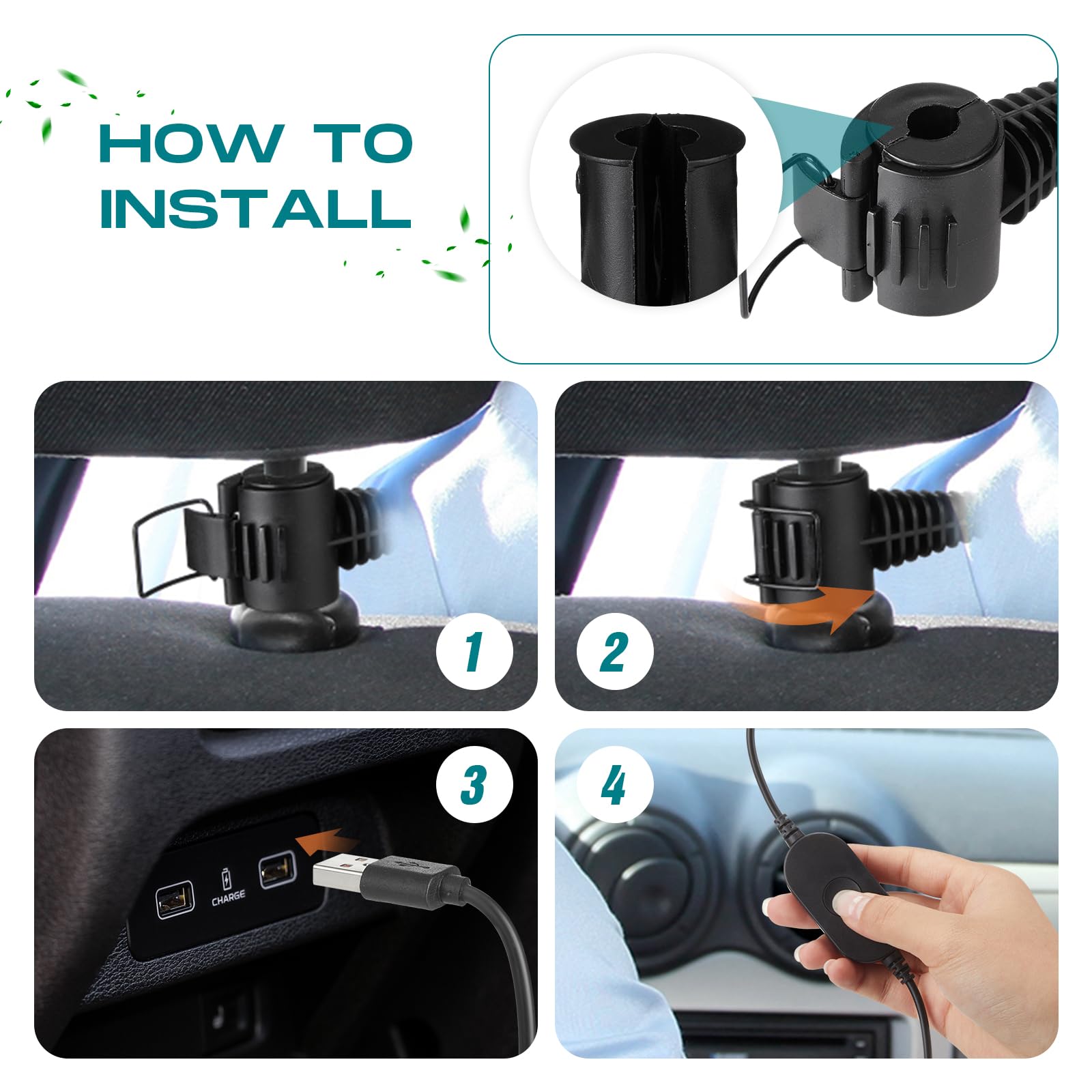 Glooglitter 2 Pcs Car Fan Dual Head Usb Fan For Rear Seat Passenger Portable Fan Headrest 360 Degree Rotatable 3 Speed 12V/ 24V