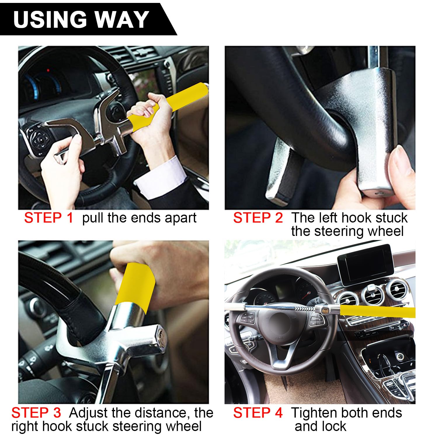 Tevlaphee Steering Wheel Lock Anti Theft Car Device Universal Car Theft Prevention Car Lock Adjustable Double Hook Emergency Ham