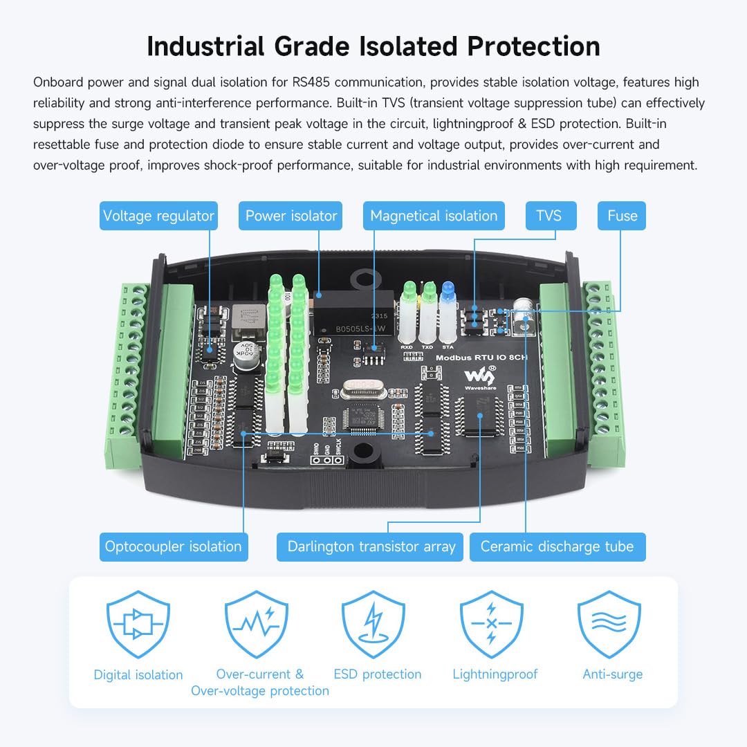 Waveshare 8-Ch Digital Input & Output Module, Modbus RTU, DC 7-36V, Copper, Rail-Mount, Multiple Isolation Protection