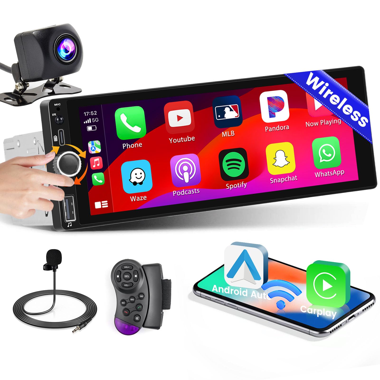 Inefala 6.9 Inch Single Din Car Stereo With Wireless Carplay Android Auto Hd Touchscreen Radio Receiver With Bluetooth 5.1 Audio