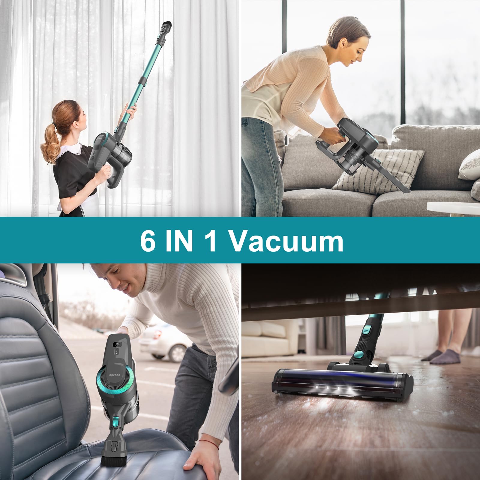 Devoac N300 Cordless Vacuum Cleaner, 6 In 1 Lightweight Stick Vacuum, 2200Mah Battery Up To 40Mins Runtime, Powerful Handheld Va
