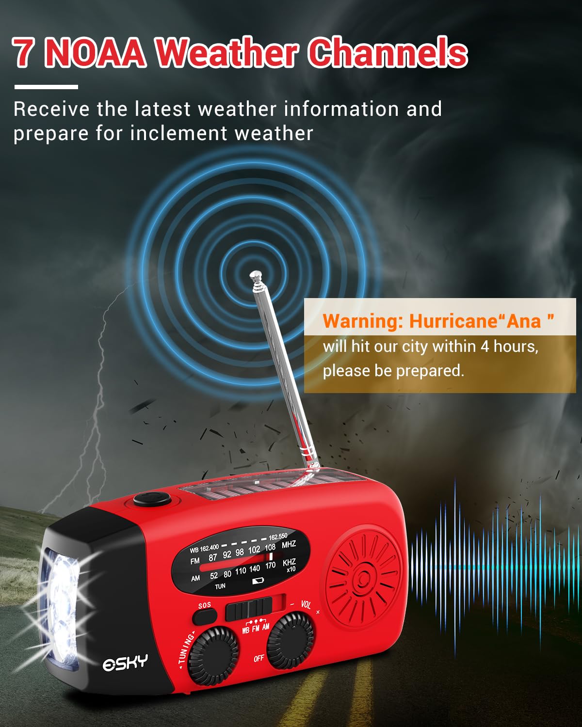 Esky Emergency Hand Crank Radio With 3 Led Flashlight, Am/Fm/Noaa Portable Weather Radio With 2000Mah Power Bank Phone Charger,