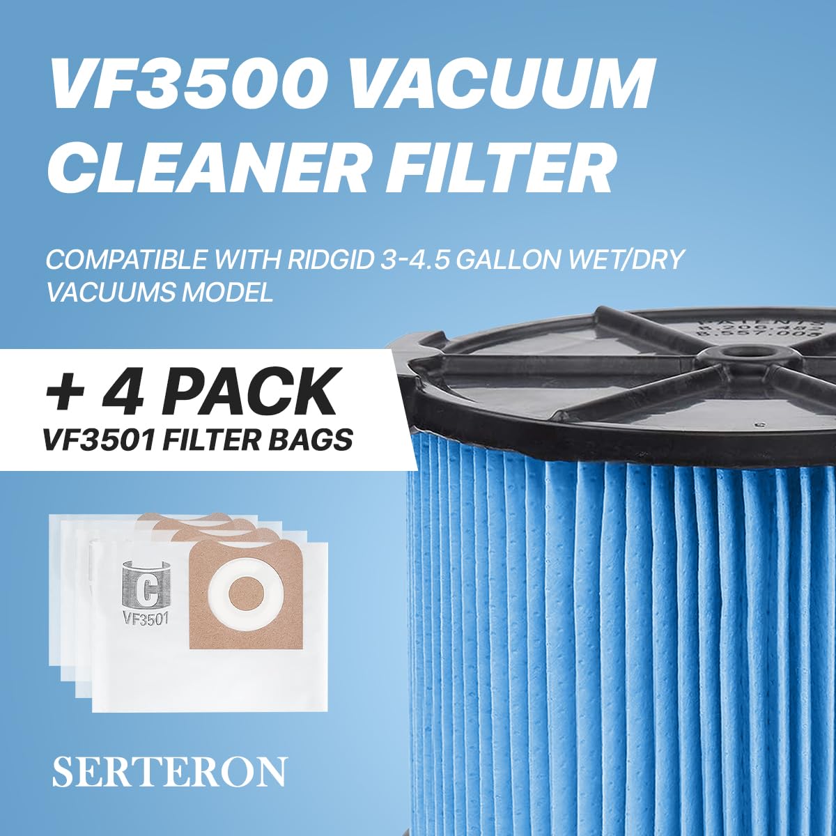 2 Pack Vf3500 Filter Replacement For Ridgid Portable Vac 3 4.5 Gallon Wet Dry Vacuums + 4 Pack Vf3501 Filter Bags (Total 6 Pack)