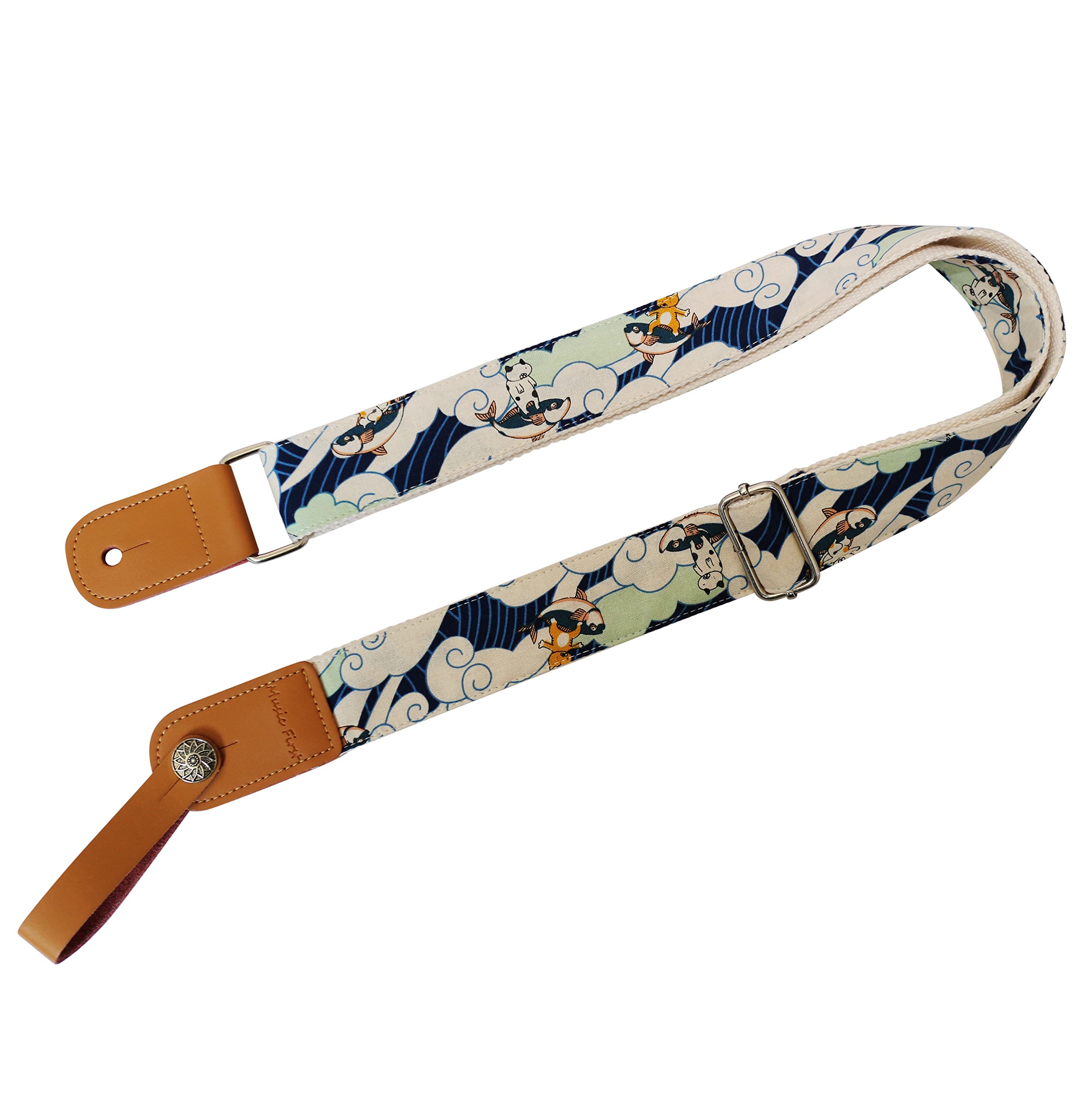 Music First Original Design Vintage Ukiyoe Style Surfing Cat Soft Muslin & Genuine Leather Ukulele Strap Ukulele Shoulder Strap