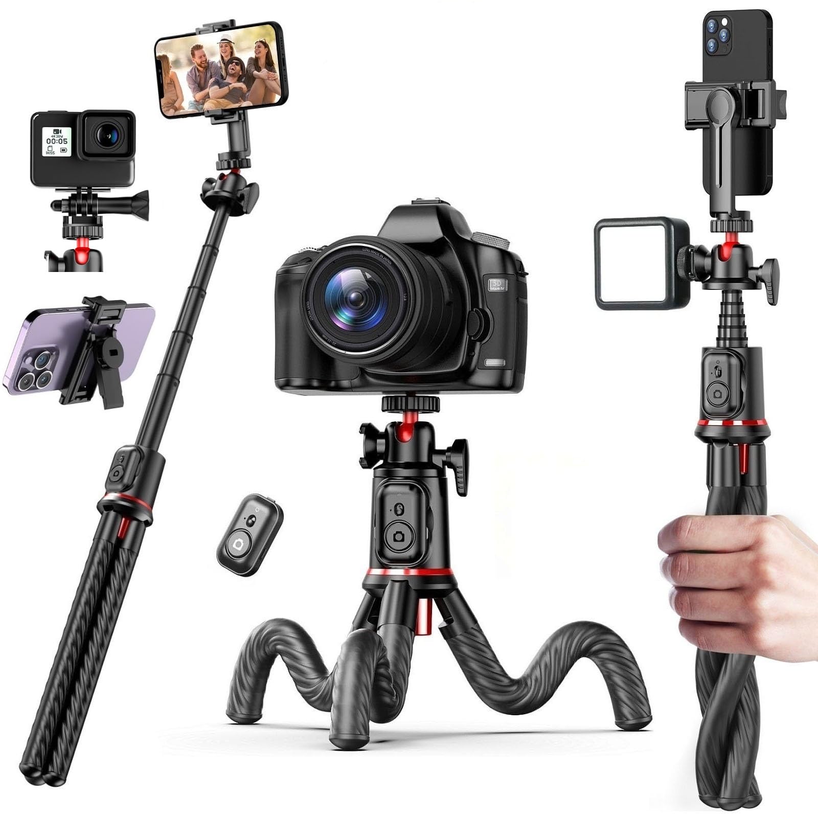 Flexible Phone Tripod Selfie Stick, Octopus Camera Tripod Iphone Holder Stand With Cold Shoe Mount, Travel Tripod Flexible Legs 
