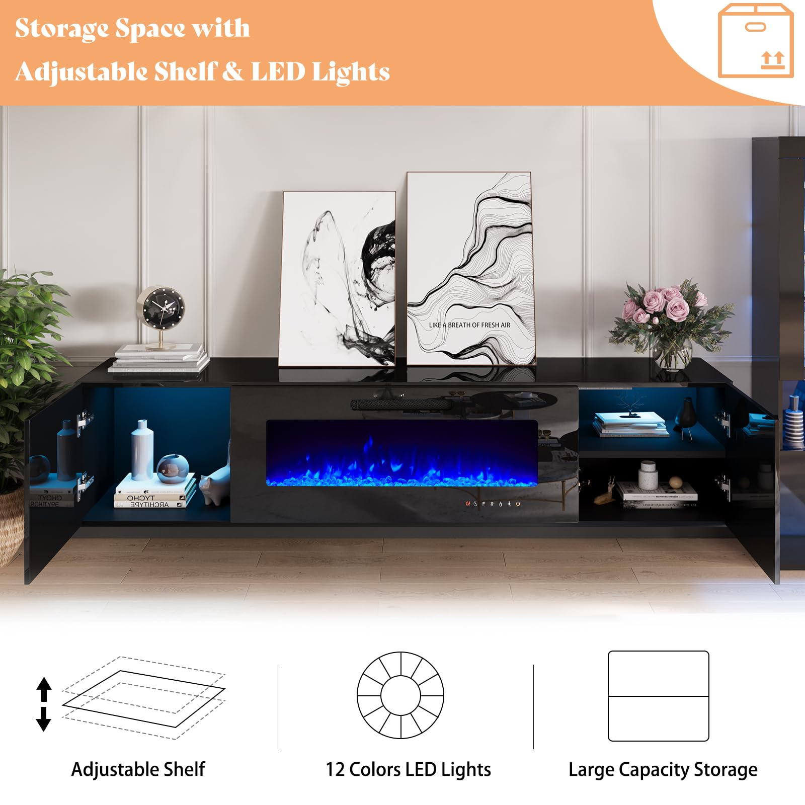 Amerlife Floating Fireplace Tv Stand, Wall Mounted Mirrored Entertainment Center With 40'' Electric Fireplace, Modern Led Lights