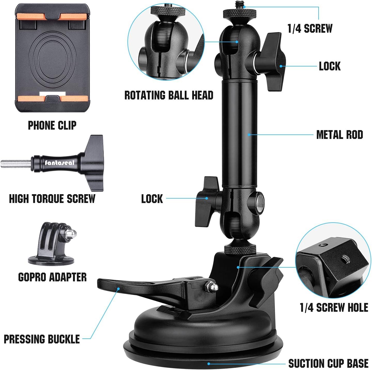Heavy Duty F100Mm Suction Cup W/Adjustable 2-Ball-Head Action Camera Dash Cam Phone Car Mount Vehicle Windshield Holder For Ipho