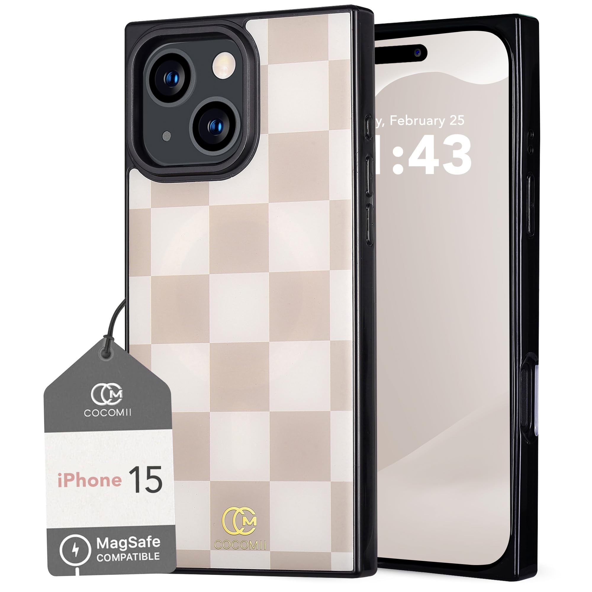 COCOMII Rectangle Case for iPhone 15, Compatible with MagSafe, Neutral Checkered