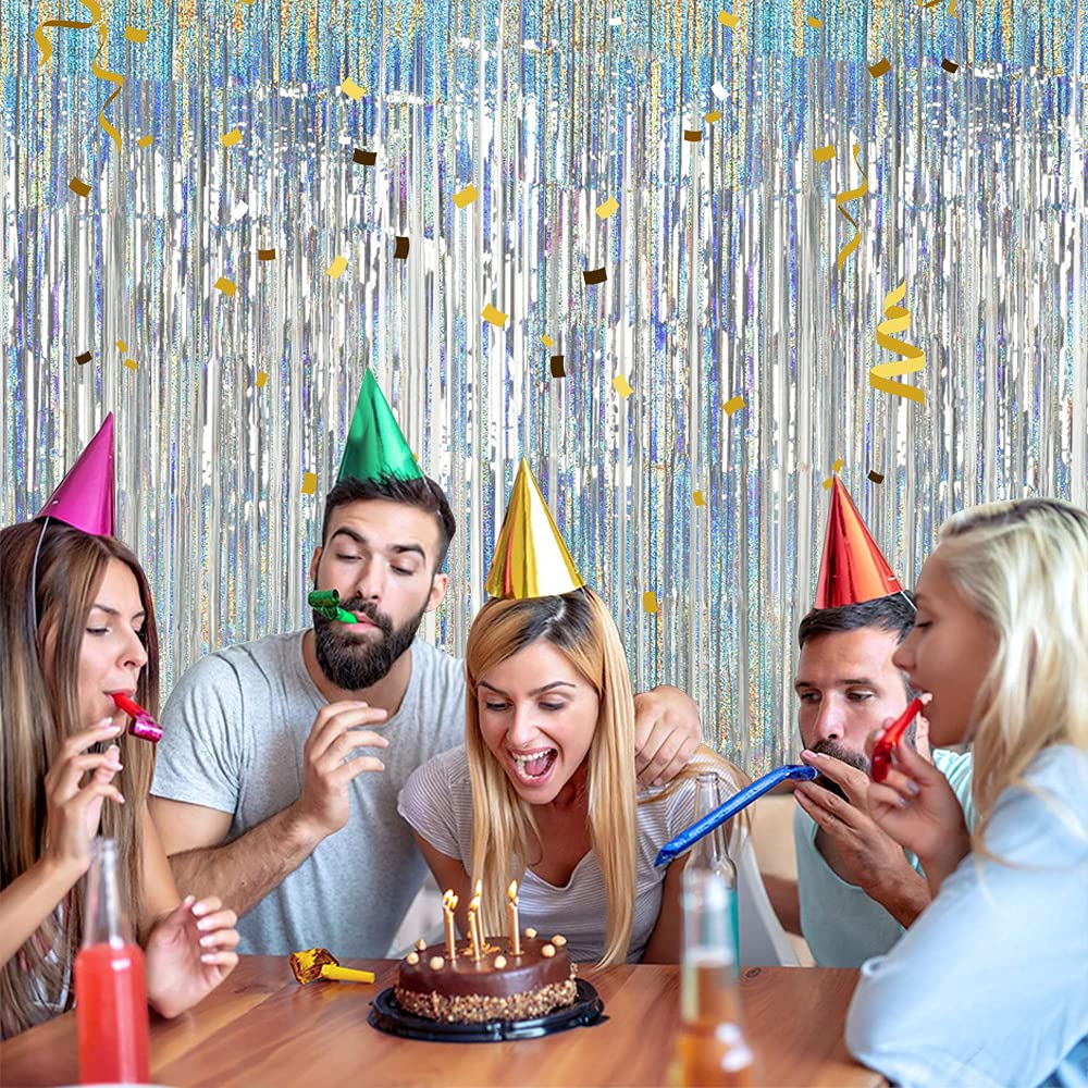Toniful 3Pcs Laser Silver Door Streamers,Laser Silver Photo Booth Backdrop Metallic Streamers Laser Silver Foil Fringe Curtains