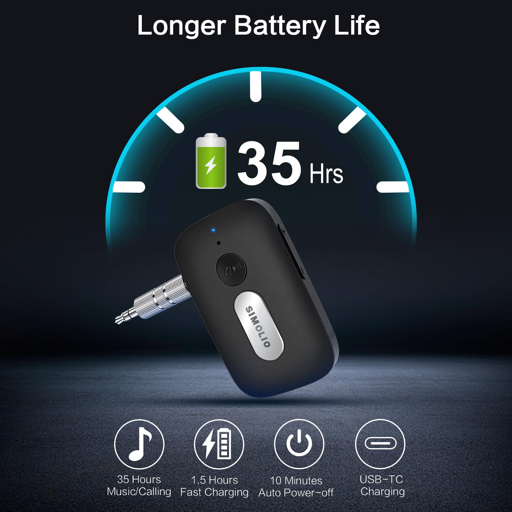 Simolio Bluetooth 5.0 Receiver For Car, Wireless Bluetooth Aux Adapter, 3.5Mm Bluetooth Adapter For Home Stereo/Speaker/Wired He