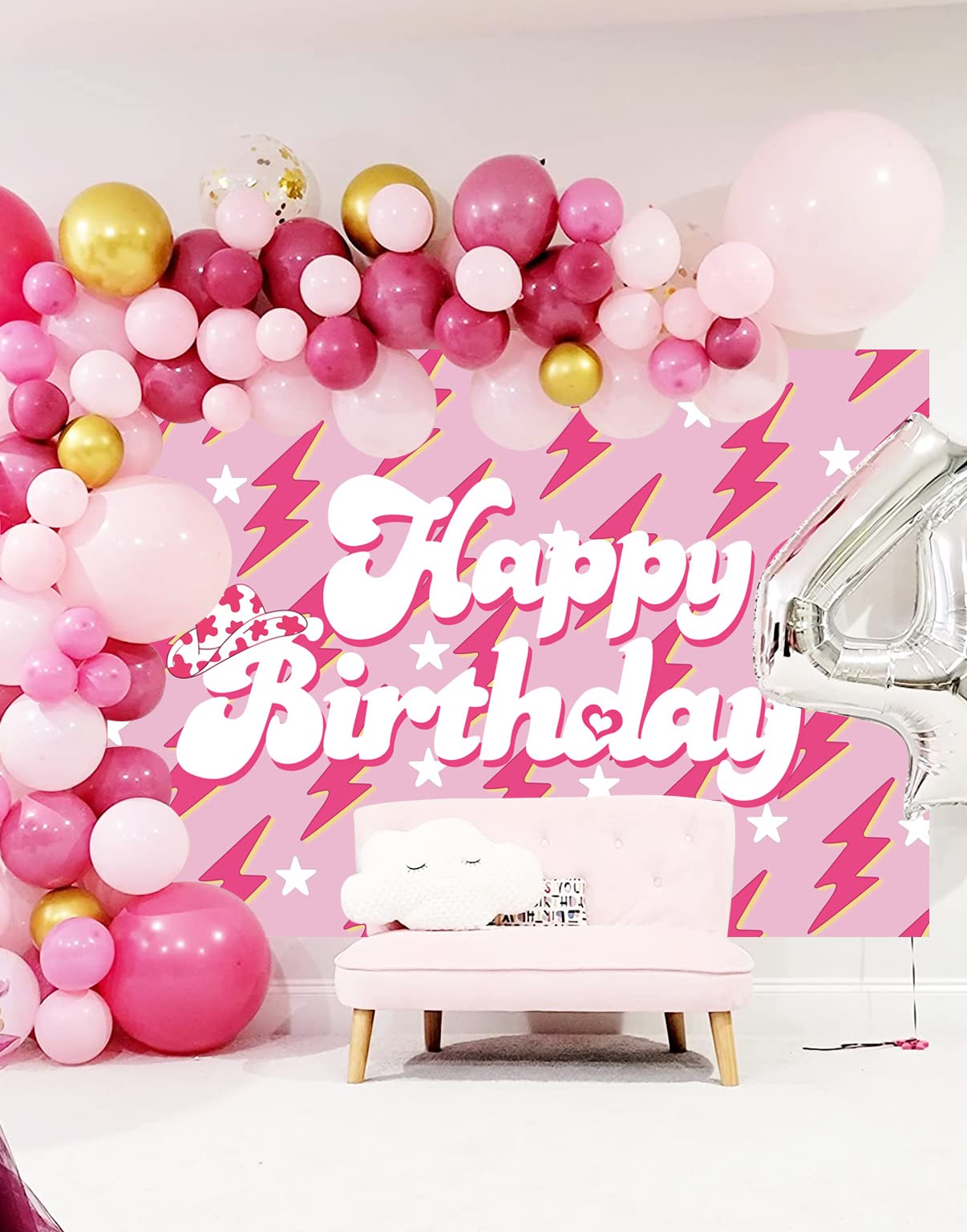 Preppy Backdrop Banner For Happy Birthday 7X5Ft Lightning Bolt Hot Pink Birthday Photography Background For Girls Women Large Pr