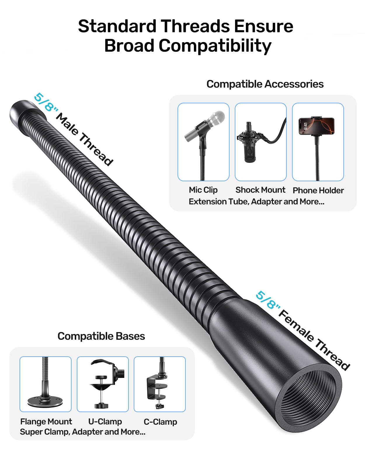 Etour 13-Inch Microphone Gooseneck (5/8-27 Thread) - Heavy Duty Universal Mic Arm For Mic Stand, 360 Adjustment, High Load-Beari