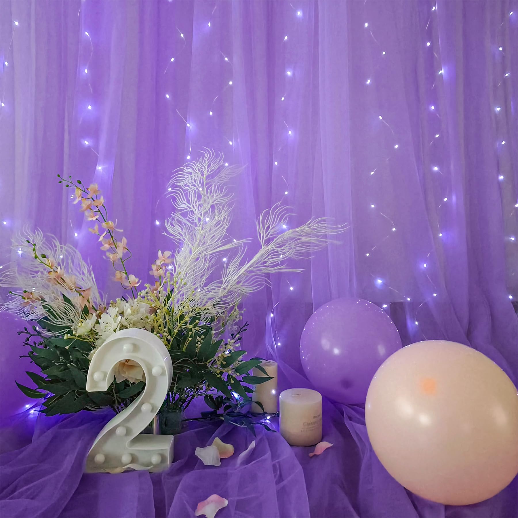 Purple Sheer Backdrop Curtains With Lights String For Baby Shower Girls 2 Panels 5  8Ft Tulle Backdrop Curtain For Wedding Brida