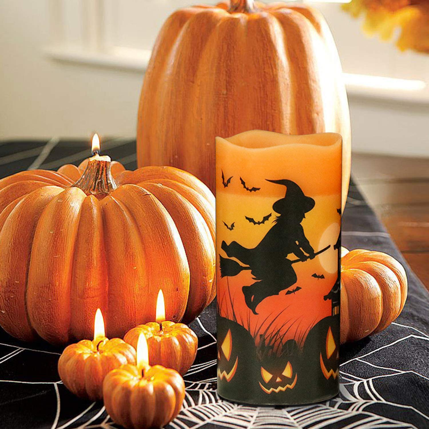 Eldnacele Halloween Flameless Flickering Led Candles With 6 Hour Timer, Battery Operated Wax Candles Assorted Decals Witch, Bats