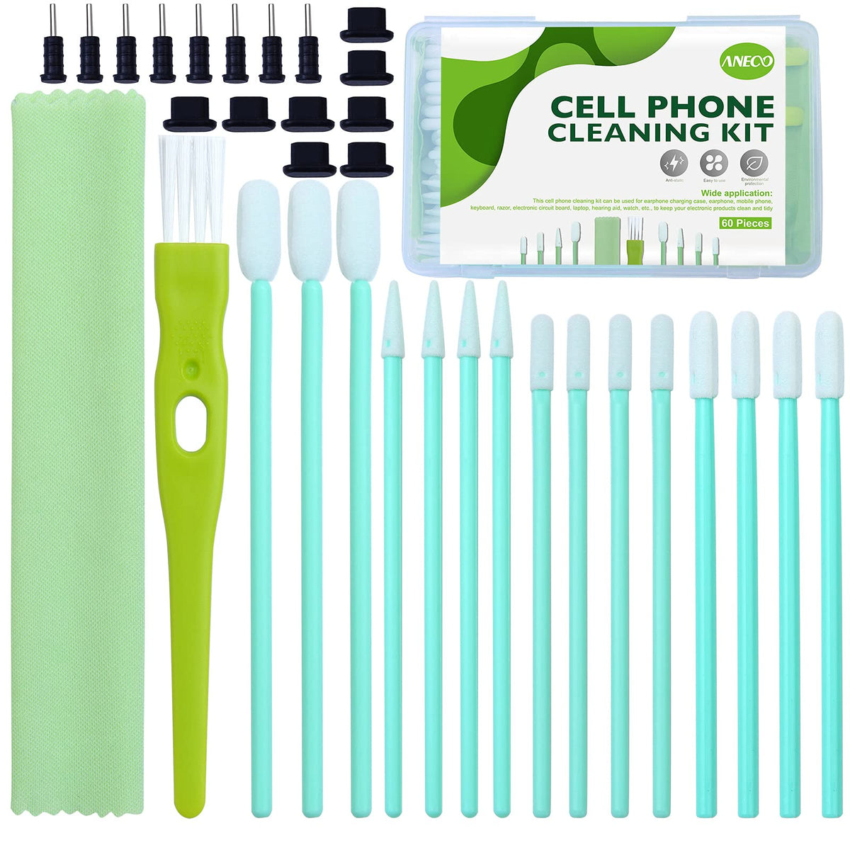 Aneco 60 Pieces Cell Phone Cleaning Kit Brush Set Usb Charging Port Dust Port Covers Plug Set And Headphone Jack Cleaner Compati