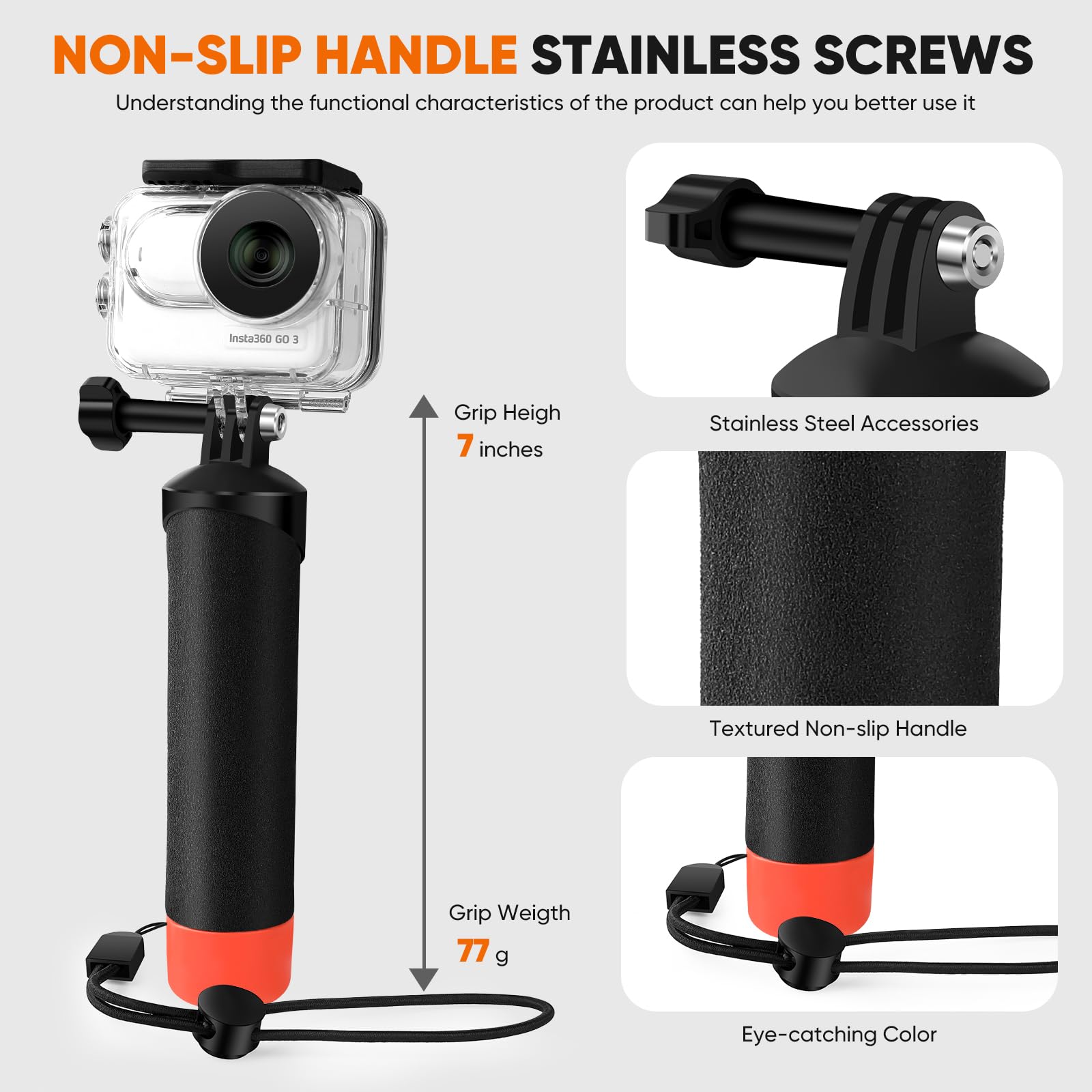 Lewote Waterproof Case&Floating Hand Grip Compatible With Insta360 Go 3, Protective Underwater Dive Housing Shell With Bracket A