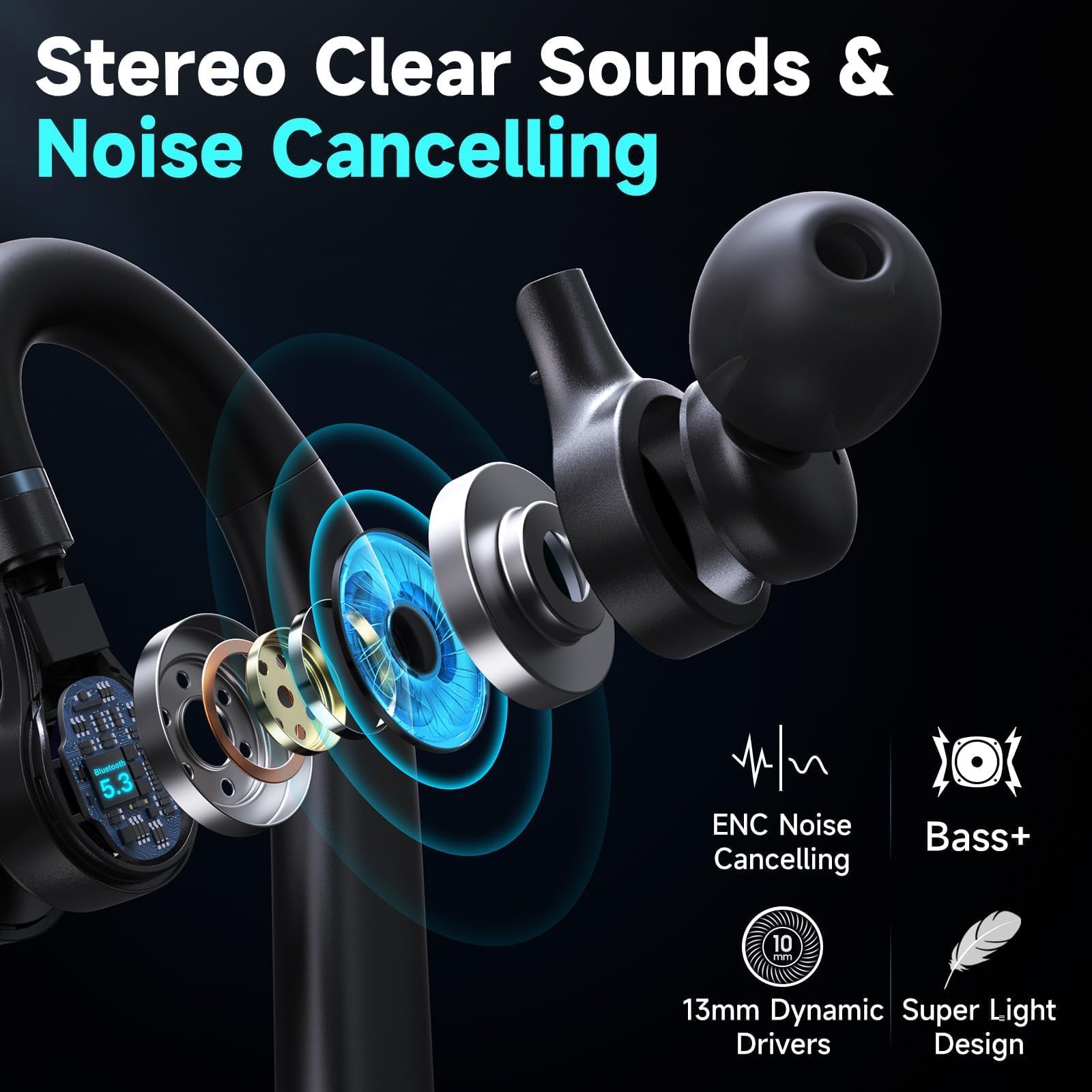 Eumspo Bluetooth Headset Wireless Earpiece 60Hrs Playback Built-In Dual Mic Noise Canceling Wireless Headset Earphone With 400Ma