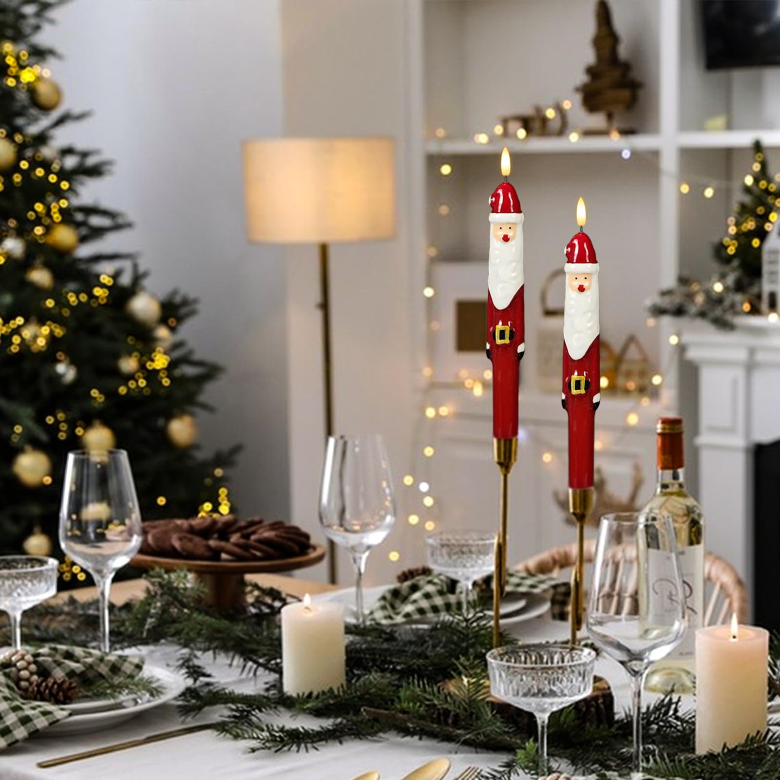 Kunswenn Christmas Flameless Taper Candles, Led Flameless Candlesticks With Remote Timer, 2 Pcs Christmas Santa Led Taper Candle