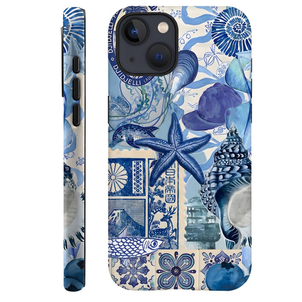 Case for iPhone 15,Fits Frosted Case Design for Girl Women,Beach Blue Starfish Themed Collage European