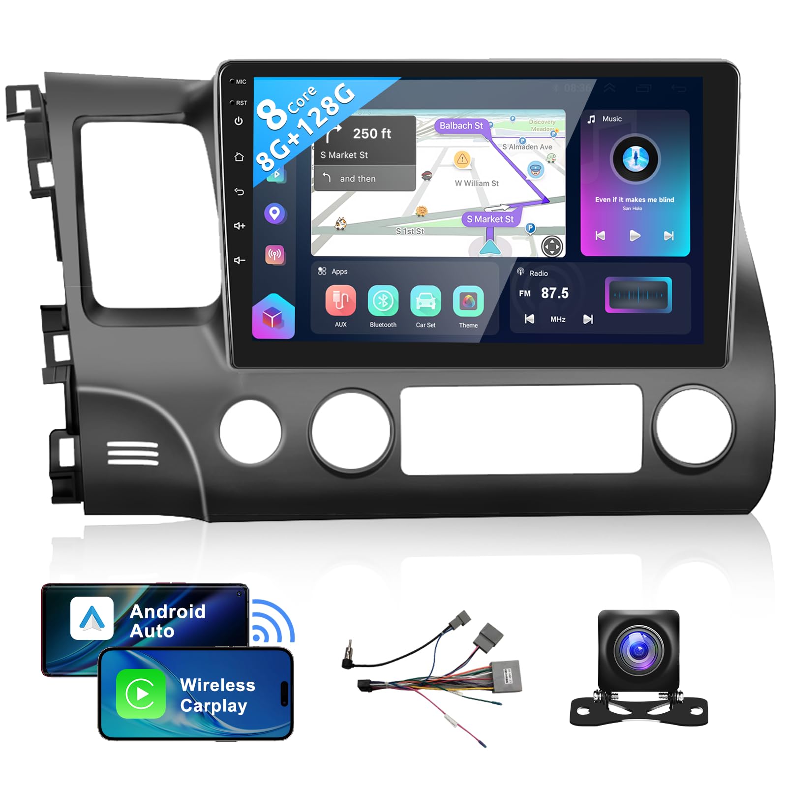 Podofo 8 Core 8+128G Android Car Radio Stereo For Honda Civic 2006 2011 With Wireless Carplay Android Auto, 10.1' Qled Touch Screen, Wifi/4G, Gps, Dsp/Hi Res, Am/Fm, Bluetooth 5.0, Backup Camera