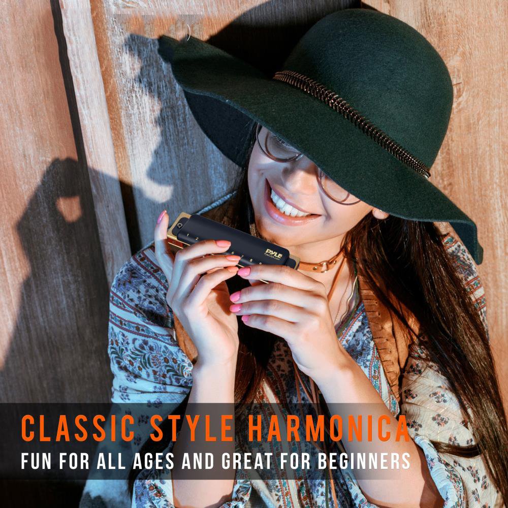 Pyle Professional Brass Metal Covered 10 Hole 7 Piece Diatonic Harmonica Kit   Blues Harp Set Includes Storage Case And Polishin