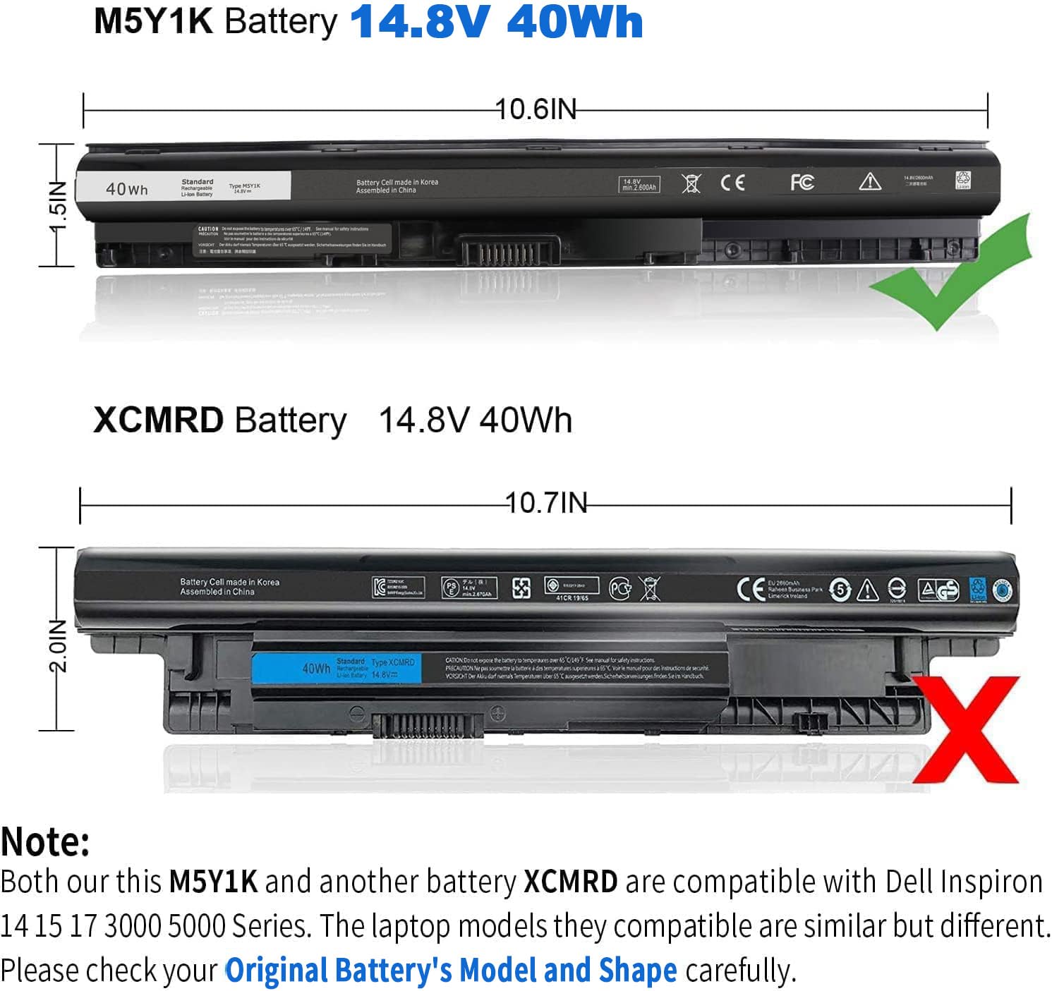 M5Y1K Laptop Battery Compatible With Dell Inspiron 40Wh 14.8V,14 15 17 3000 5000 Series,5558 5559 3551 453 Bbbr 3452 3451 3458N
