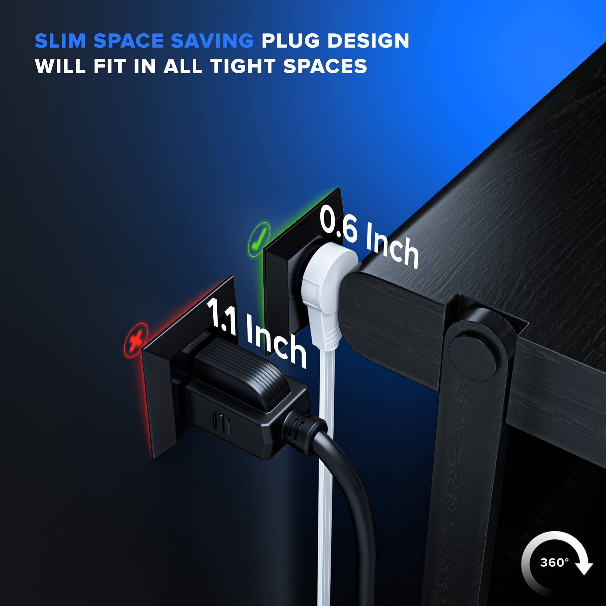 Maximm Cable 3 Ft 360� Rotating Flat Plug Extension Cord/Wire, 16 Awg Multi 3 Outlet Extension Wire, 3 Prong Grounded Wire   White   Ul Certified