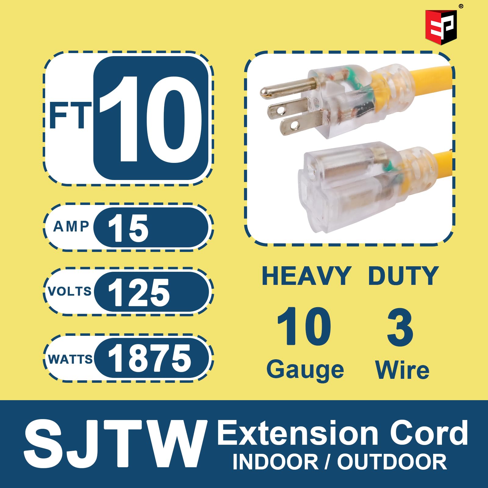 Ep 10 Ft Lighted Outdoor Extension Cord   10/3 Sjtw Heavy Duty Yellow Extension Cable With 3 Prong Grounded Plug For Safety, Ul