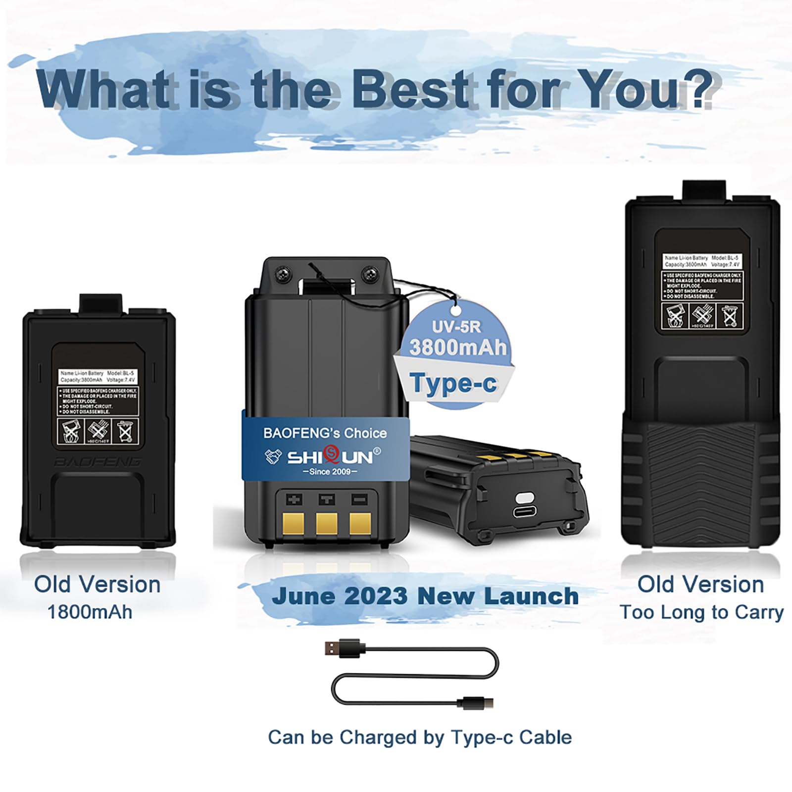 Uv 5R Battery Enlarge Rechargable Type C Charger 3800Mah Bl 5 For Walikie Talkie Bf F8Hp Uv 5Re Rd 5R Uv 5Rtp Uv 5X3 Usb C Ham R