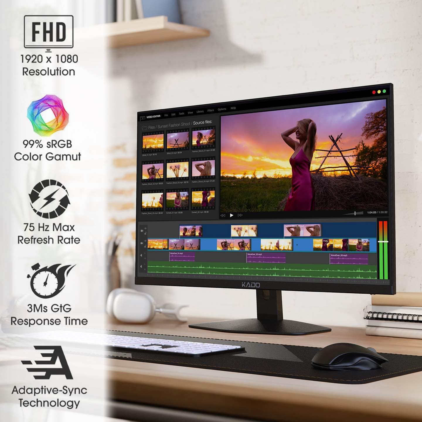 Kado Triple Monitor Setup   3 Pack 27'' 1920X1080 Computer Monitor 75Hz Vesa Mount Hdmi Office Gaming Hybrid Built In Speakers (