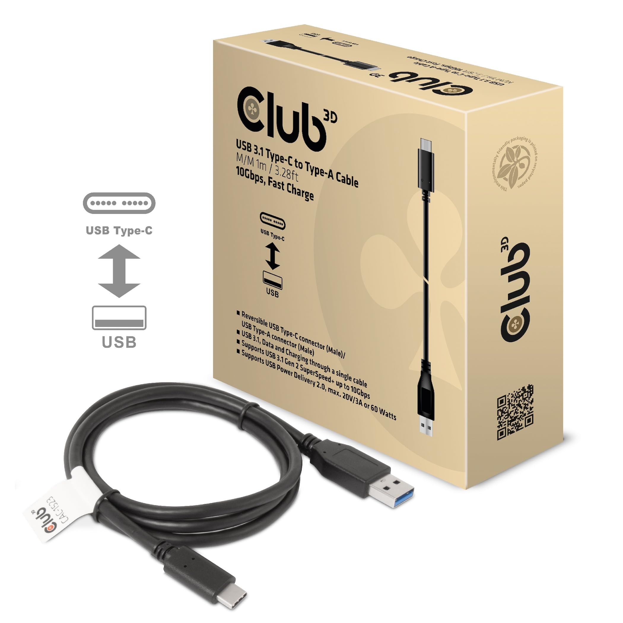 Club3D Cac 1523 Usb 3.1 Type C To Usb Type A Cable, Black