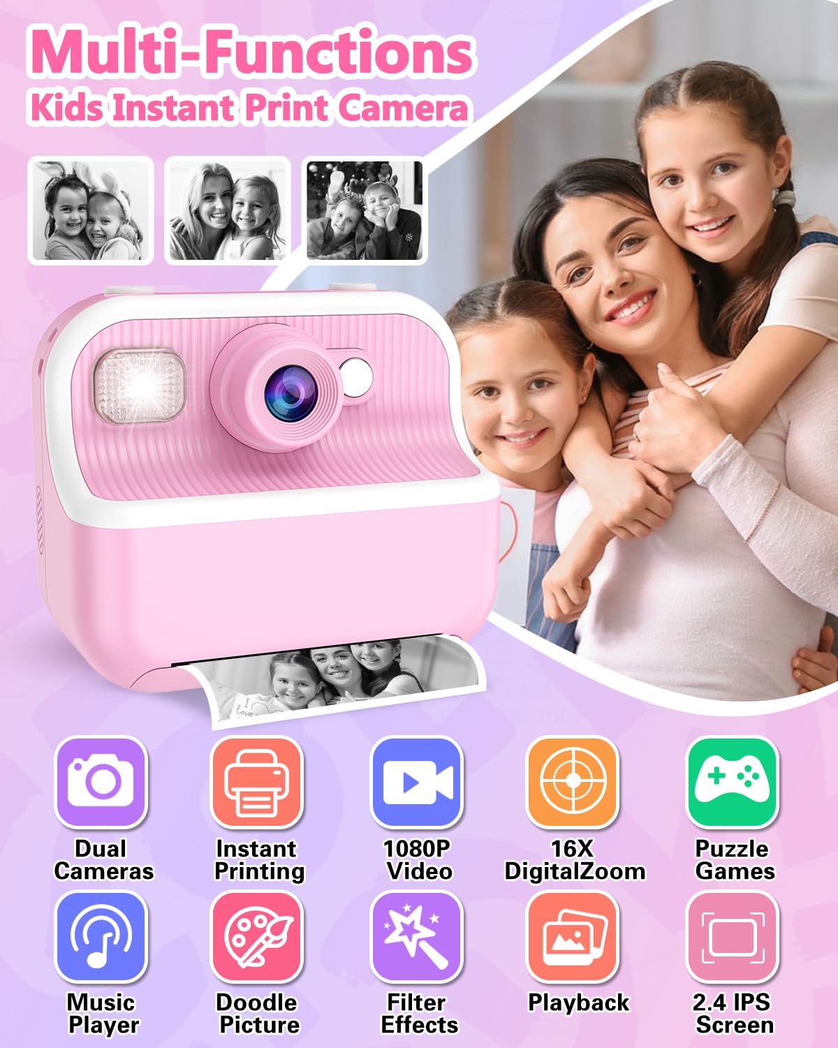 Kids Camera Instant Print, Christmas Birthday Gifts For Kids 3 12, 1080P Instant Print Camera For Kids, Toddler Camera Toy For 4