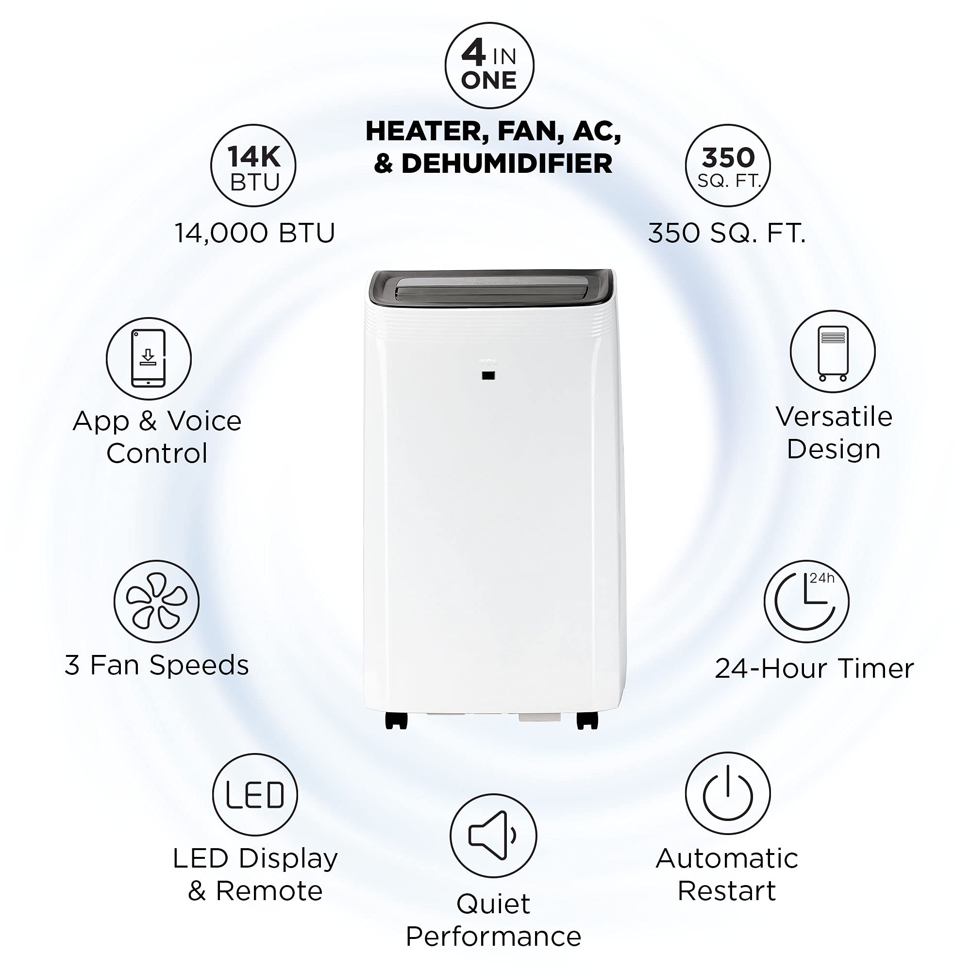 Tcl 10Ph94C Smart Series Portable Air Conditioner, 10,000 Btu With Heat, White