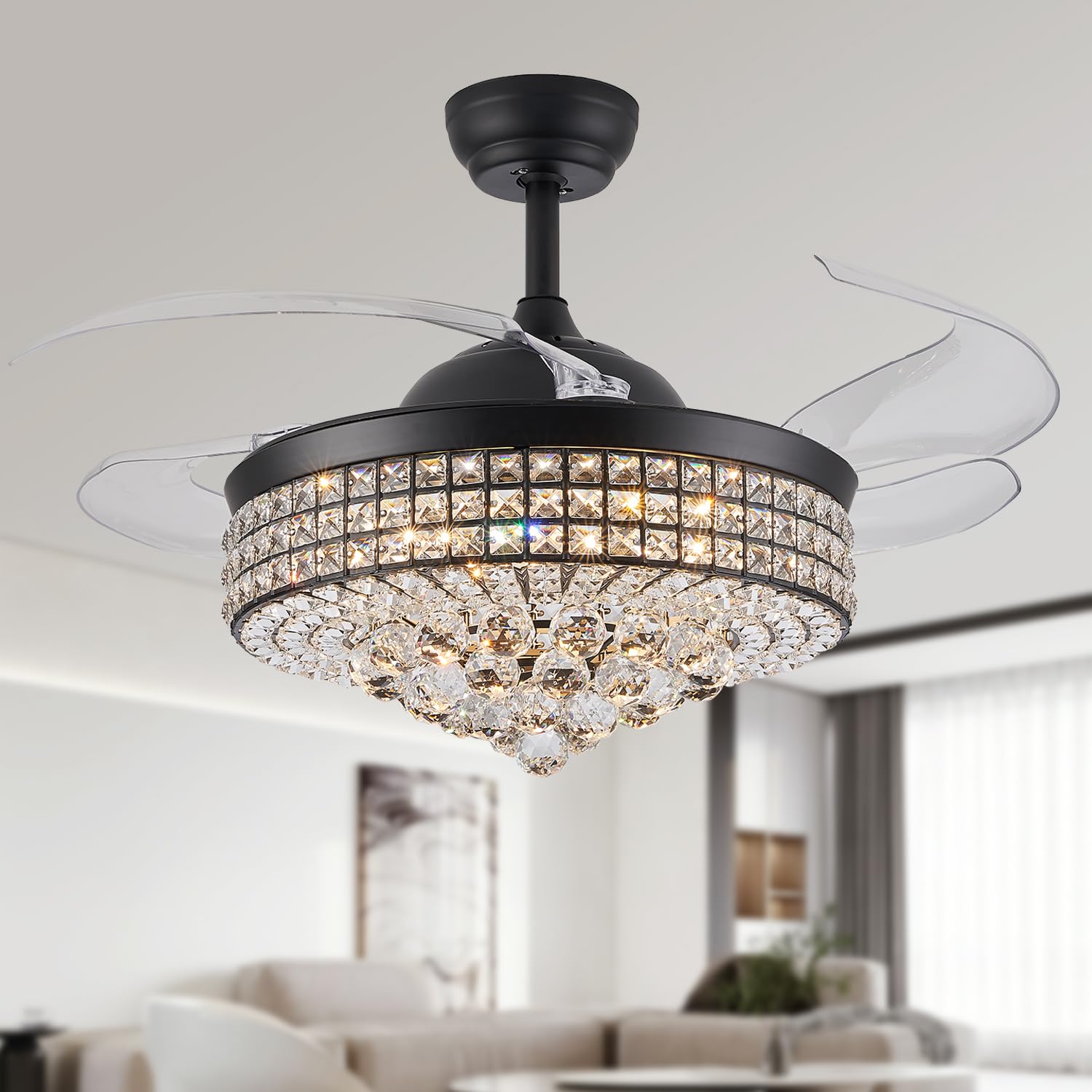 TRSIOPFC 48 Inch Dimmable Crystal Fandelier Ceiling Fans with Light,Chandelier Fan with Remote Control for Bedroom/Living Room,P