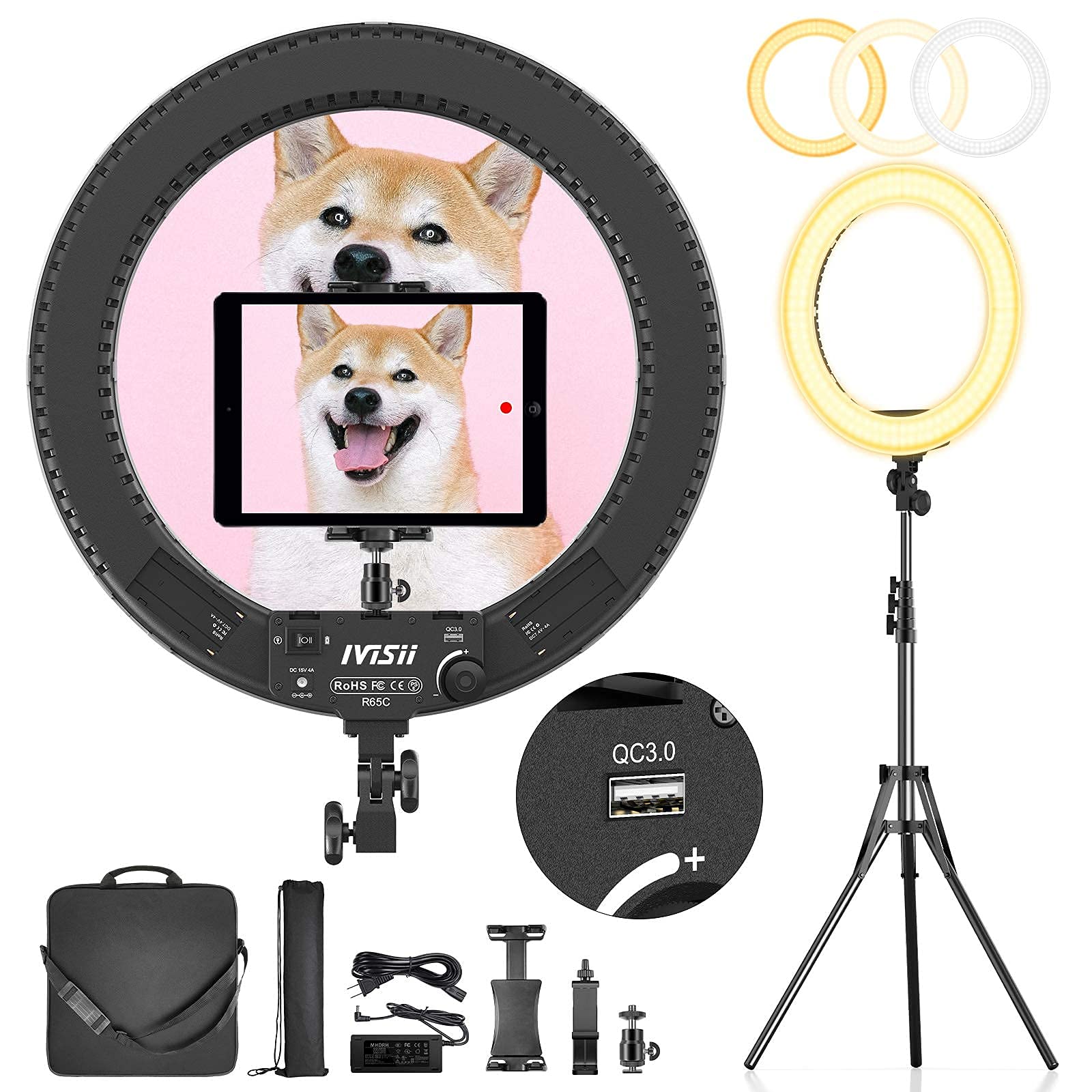 Ivisii 18 Inch Ring Light With Stand And Phone Holder & Ball Head, 60W Bi Color 3000 5800K, Professional Ring Light With Tripod