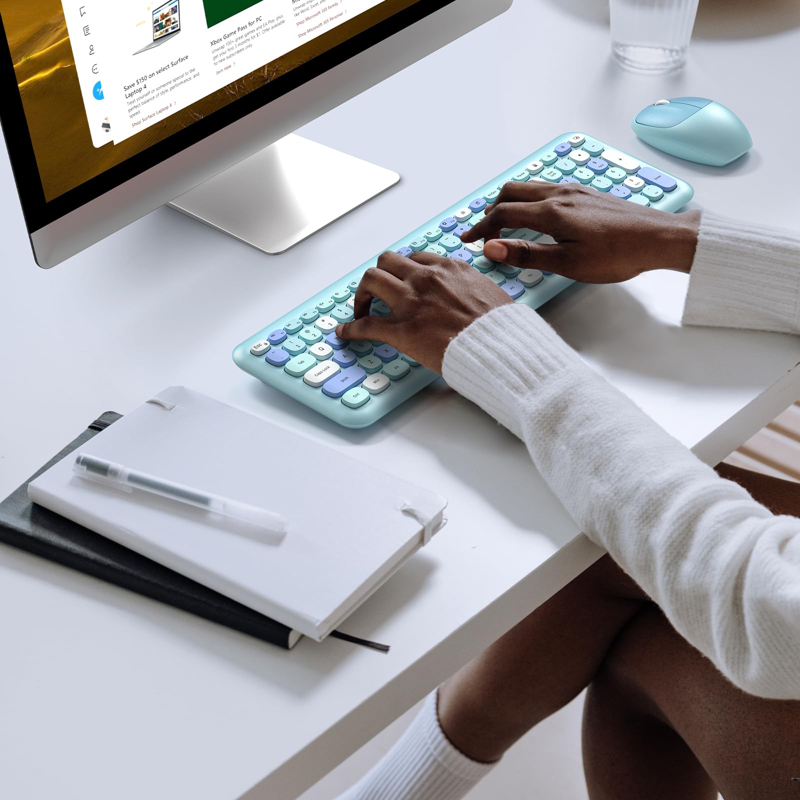 Knowsqt Wireless Keyboard And Mouse Combo, Pale Blue Full Sized 2.4G Silent Keycap Colorful Keyboards, Usb Dongle Plug Play, Lap