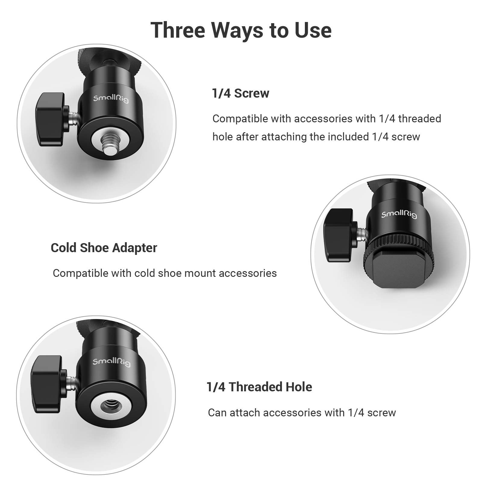 Smallrig 1/4 Camera Hot Shoe Mount, Ballhead Tripod With Additional 1/4 Screw, 2Pcs Pack - 2059