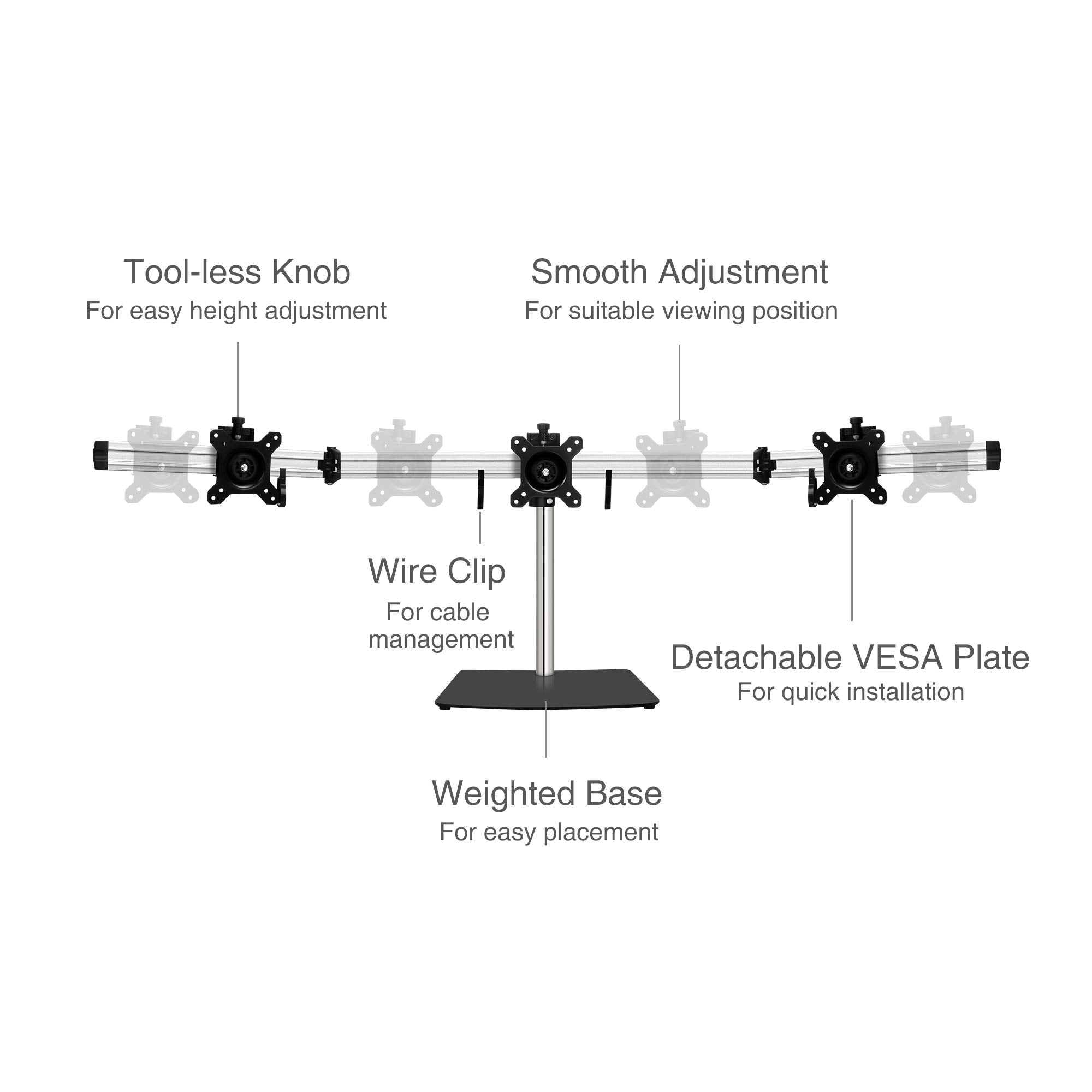 Siig Premium Aluminum Triple Monitor Stand - Adjustable Height 3 Monitors 13 To 27 17.6 Lbs Each Vesa 75 And 100 Compatible Full