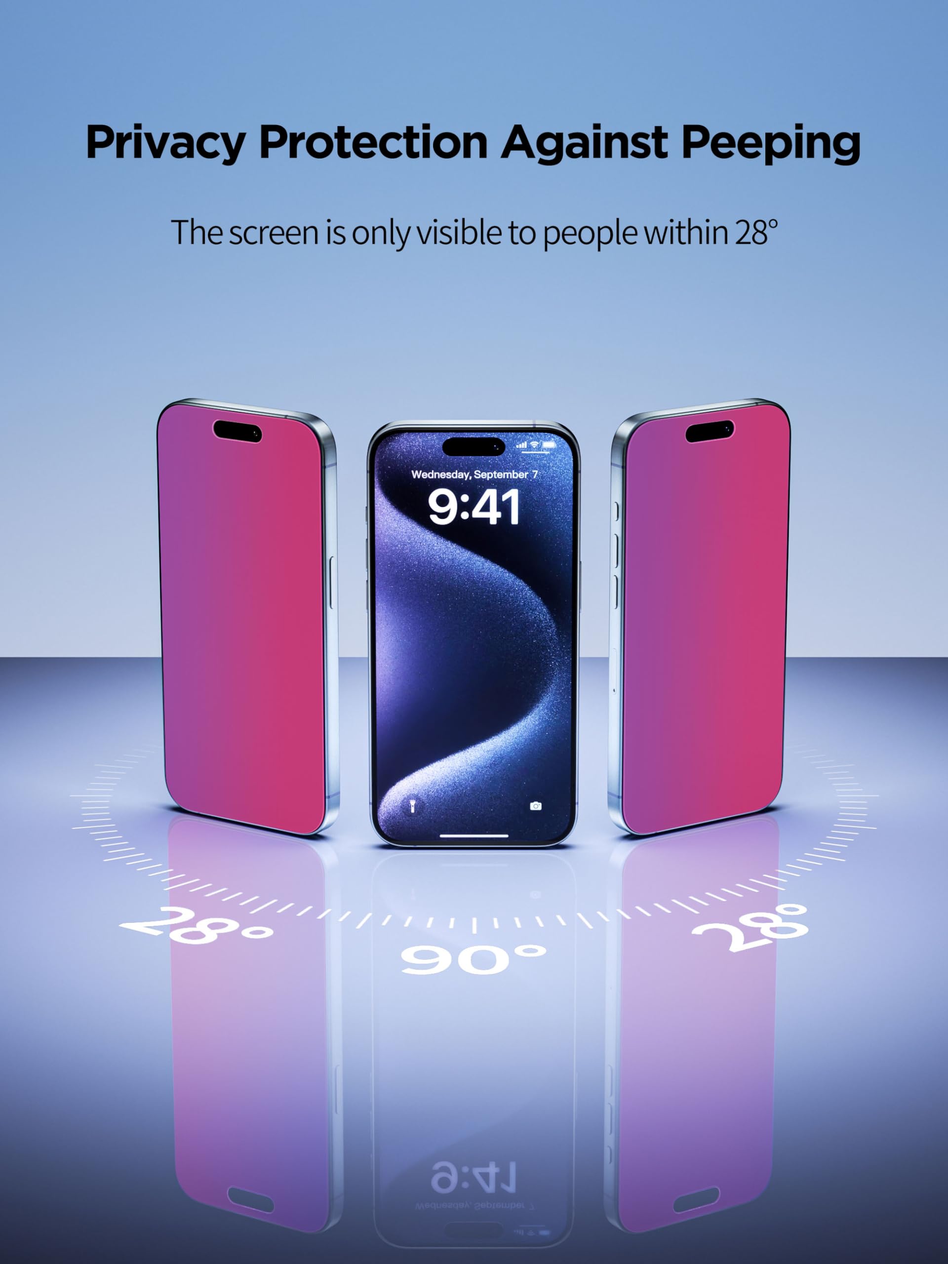 Pddkiss Compatible For Iphone 16 Pro Privacy Screen Protector Tempered Glass 6.3 Inch, Pink Gradient Anti Spy Anti Blue Light Hd