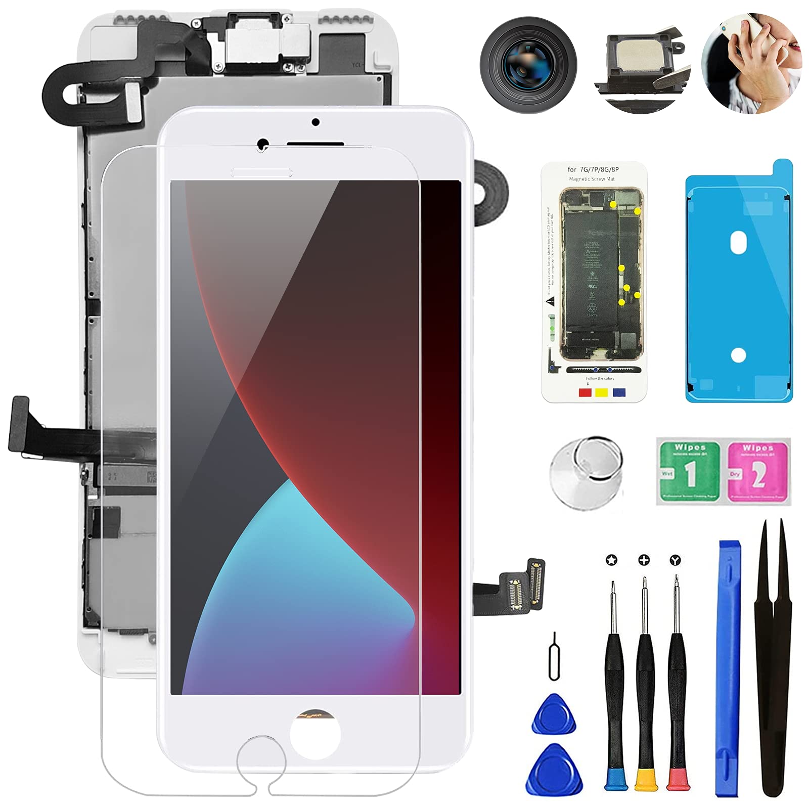 For Iphone 7 Plus Screen Replacement White,Mobkitfp 5.5' Full Assembly Lcd Display Digitizer With Front Camera+Earpiece+Sensors+Waterproof Seal+Repair Tools+Tempered Film For A1784,A1785,A1661 (White)