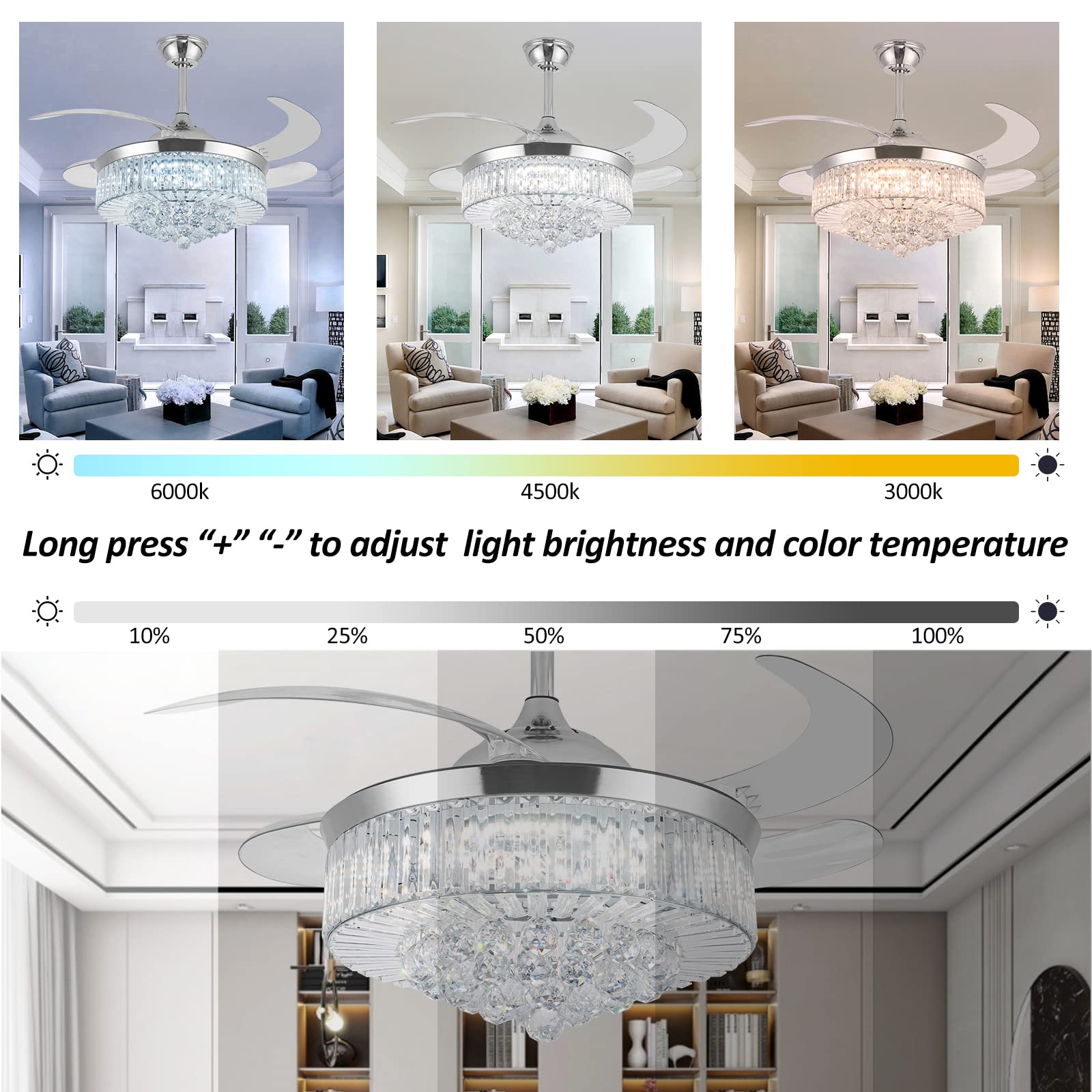 Wwahuayuan 42'' Ceiling Fans With Lights Remote Control, Reversible Chandelier Ceiling Fan Light For Bedroom Living Room In 3 Co