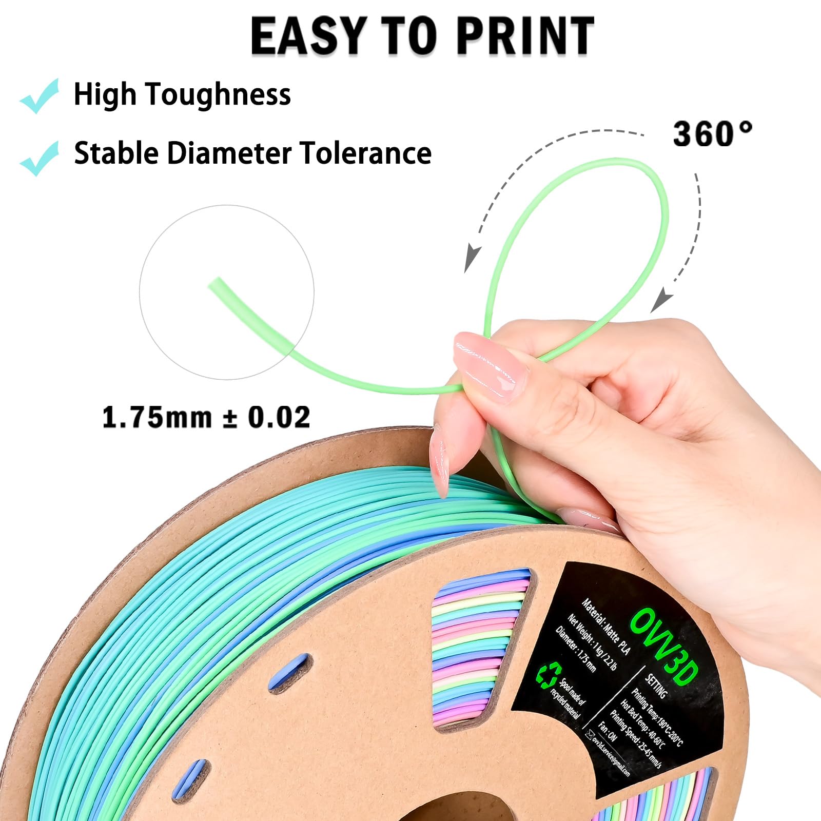 Ovv3D Rainbow Pla Filament 1.75Mm, Rainbow Pla 3D Printer Filament Multicolor Color Changing Rainbow Pla Filament With Matte Blu