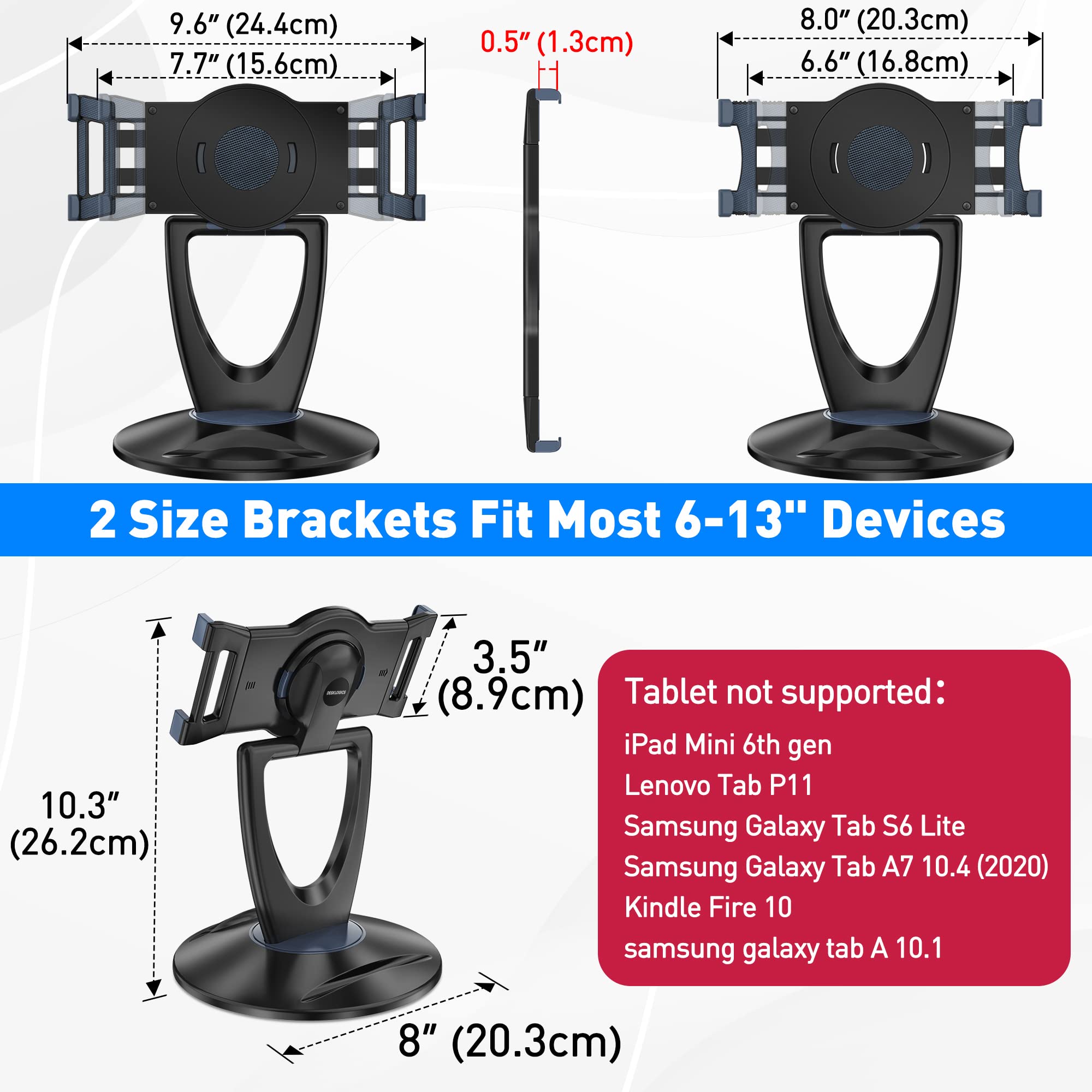 Desklogics Ipad Tablet Stand Holder For Desk   6 Inch To 13 Inch   Stable, Adjustable   360 Swivel Angle Pen Phone Ipad Stand Fo