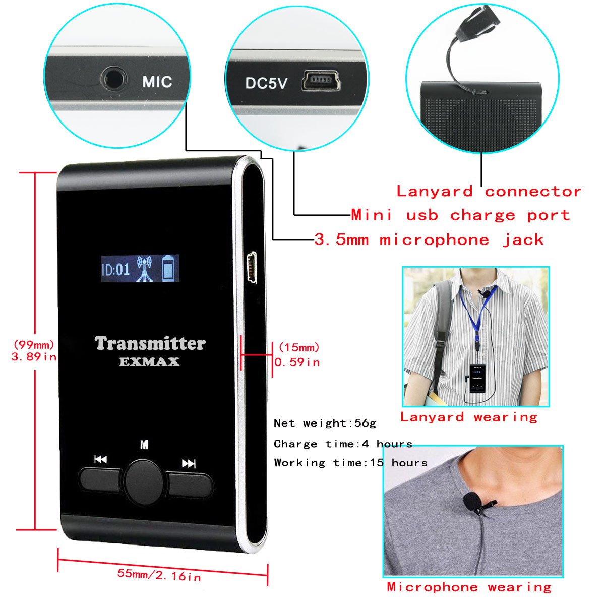 Exmax Atg 100T 195Mhz Wireless Tour Guide System Voice Audio Transmission +32 Slot Charge Case For School (1 Transmitter 6 Recei