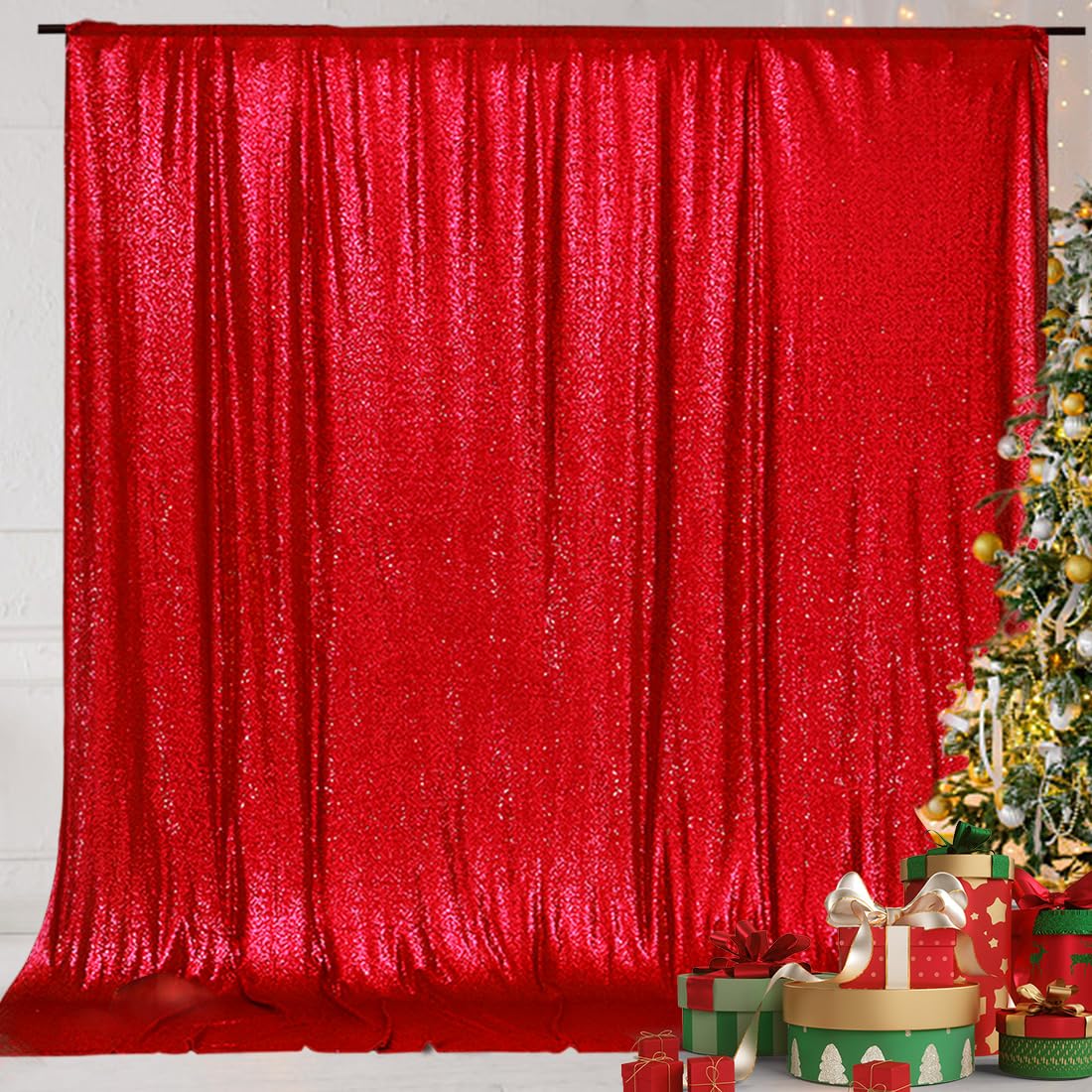 Eternal Beauty Red Sequin Wedding Backdrop Photography Background Party Curtain, 6Ft X 8Ft