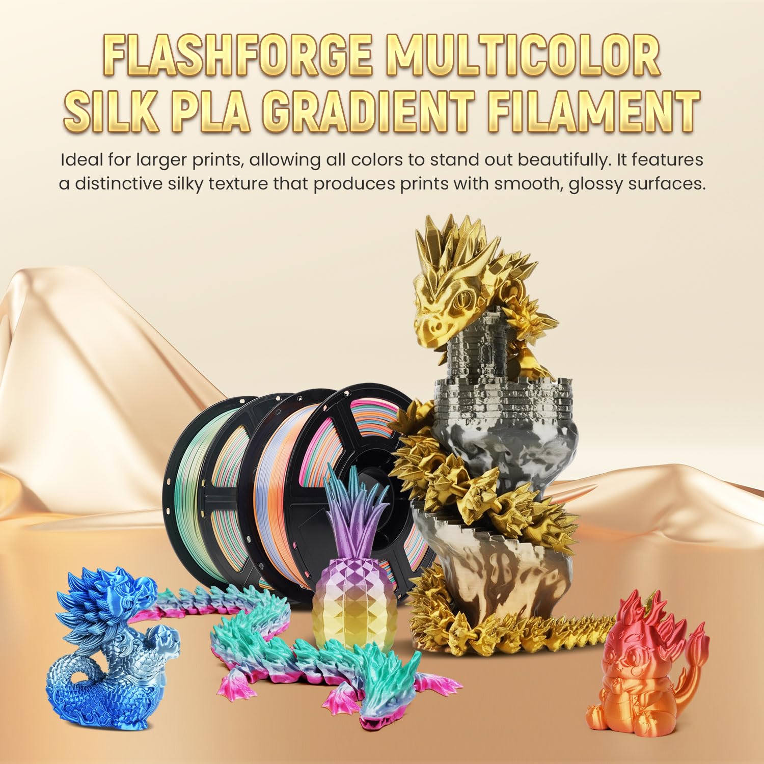 Flashforge Silk Pla Gradient Dreamy Trio Filament, Silk Multicolored Color Change Rainbow 3D Printing Filament, Yellow Carmine C