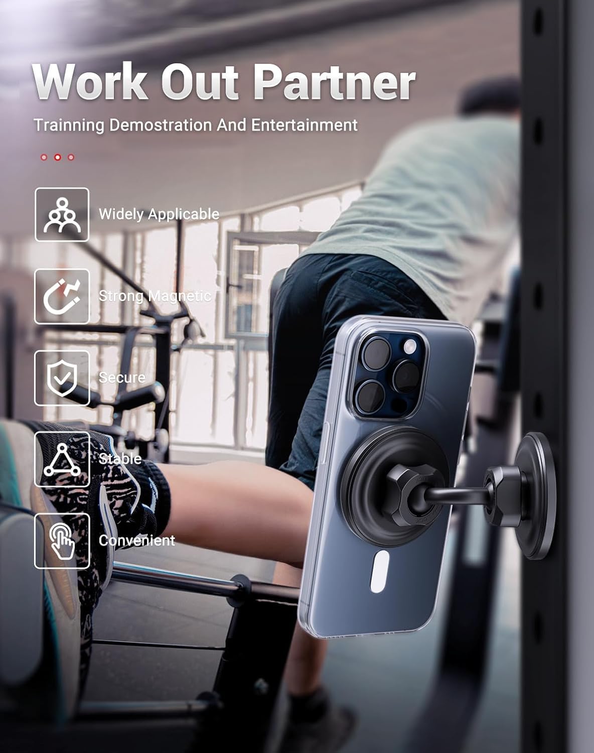 Gym Magnetic Phone Holder For Magsafe, Dual Magnetic Phone Mount Gym Phone Holder Magnet With Double Ball Head Locking Angle Com